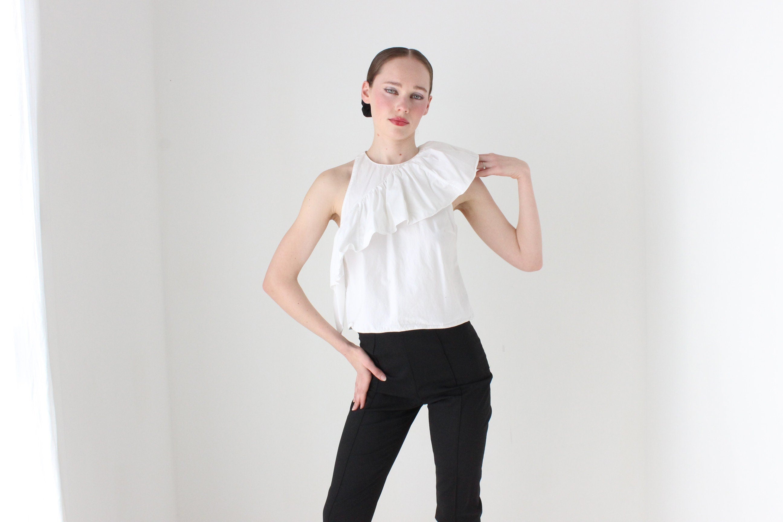 BALLETCORE 2000s PRADA Asymmetric Harlequin Collar Cotton Ruffle Top