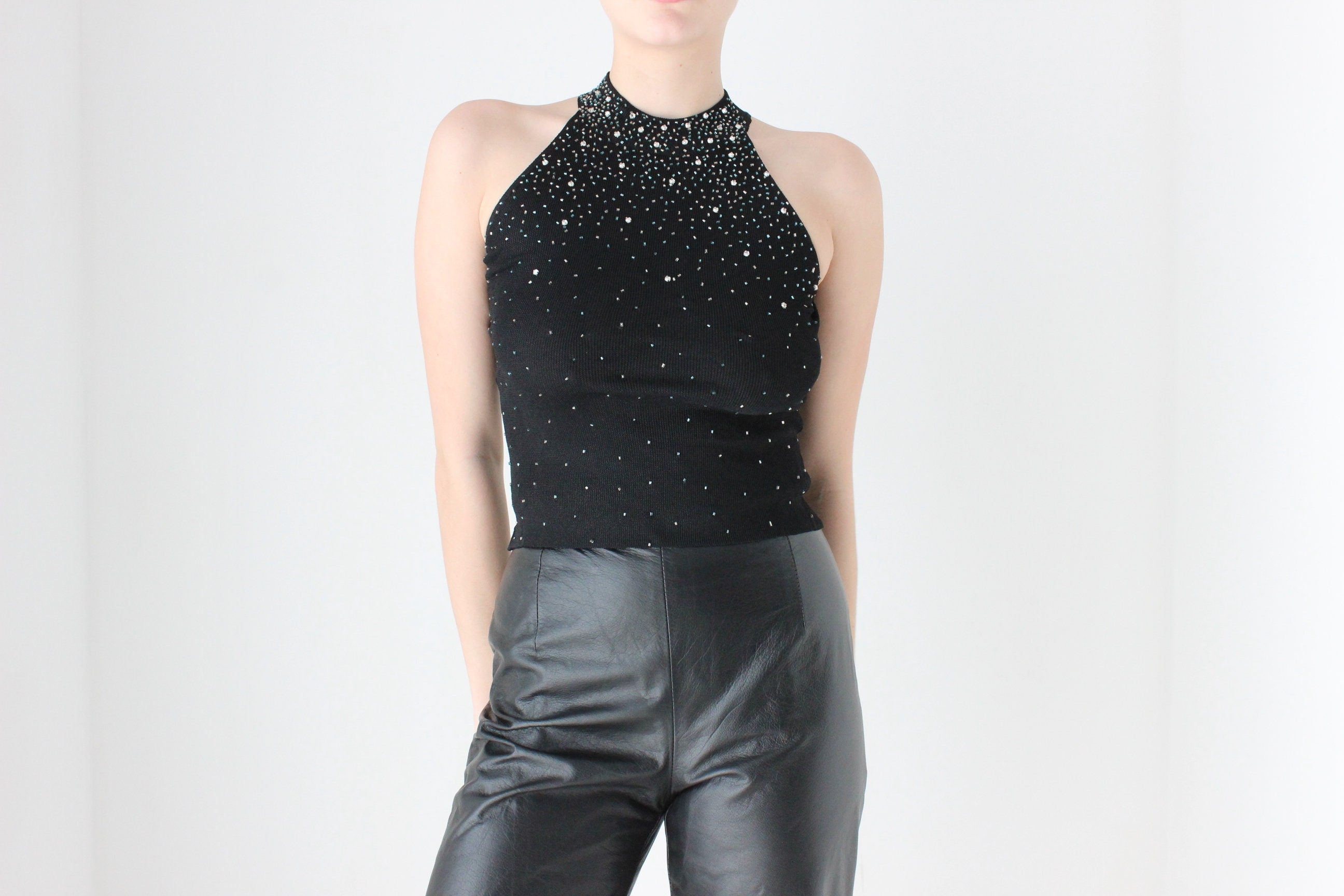 BALLETCORE Y2K Diamonte Ribbed Disco Halter Topm