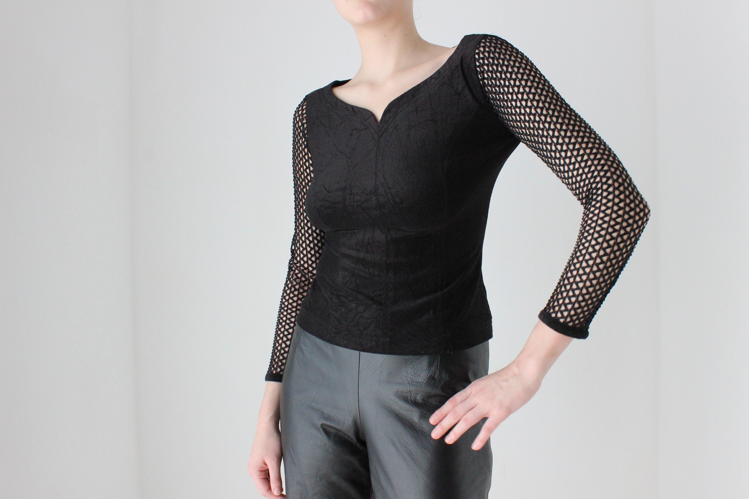 BALLETCORE 90s Goth Velour & Fishnet Stretch Long Sleeve Top