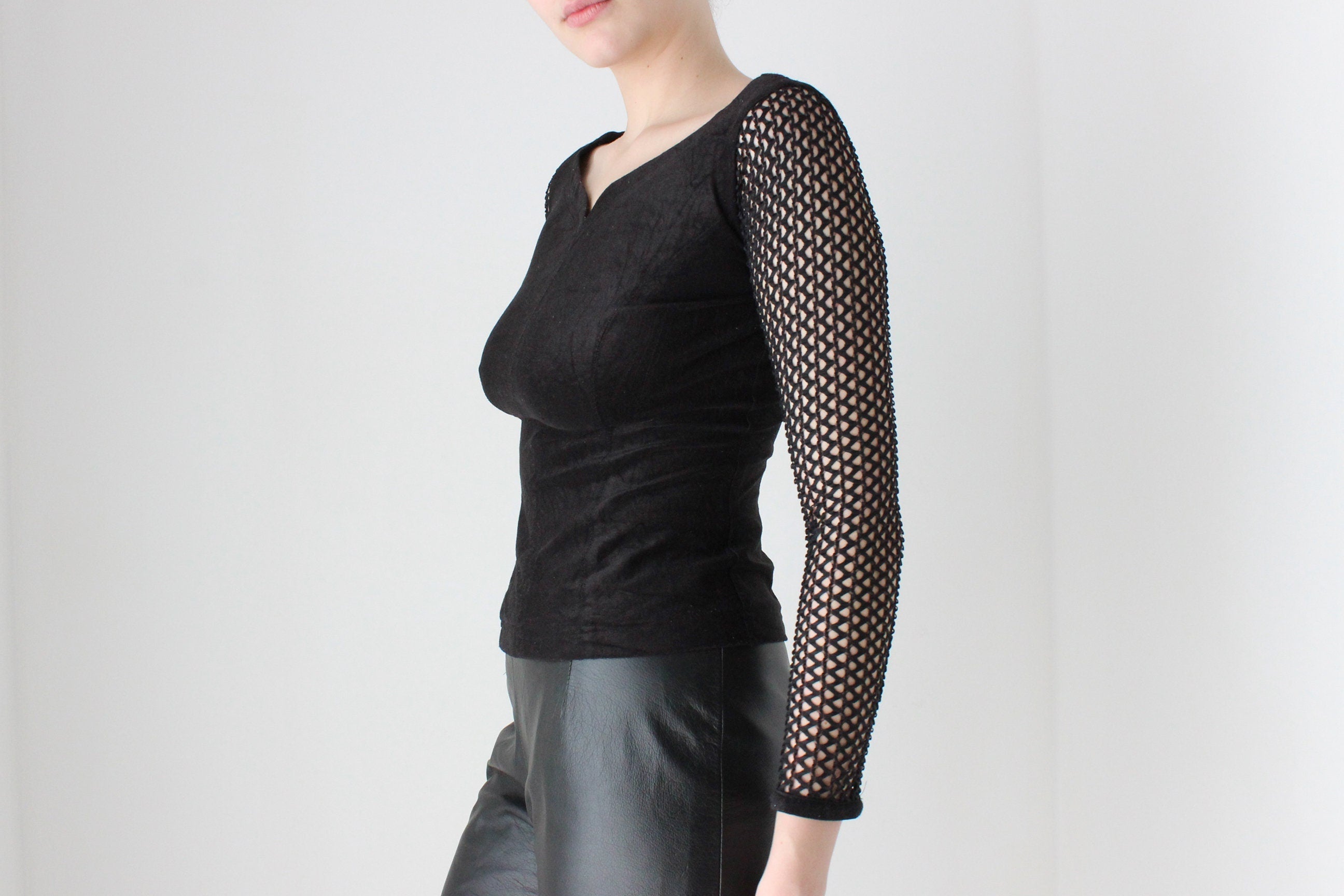 BALLETCORE 90s Goth Velour & Fishnet Stretch Long Sleeve Top