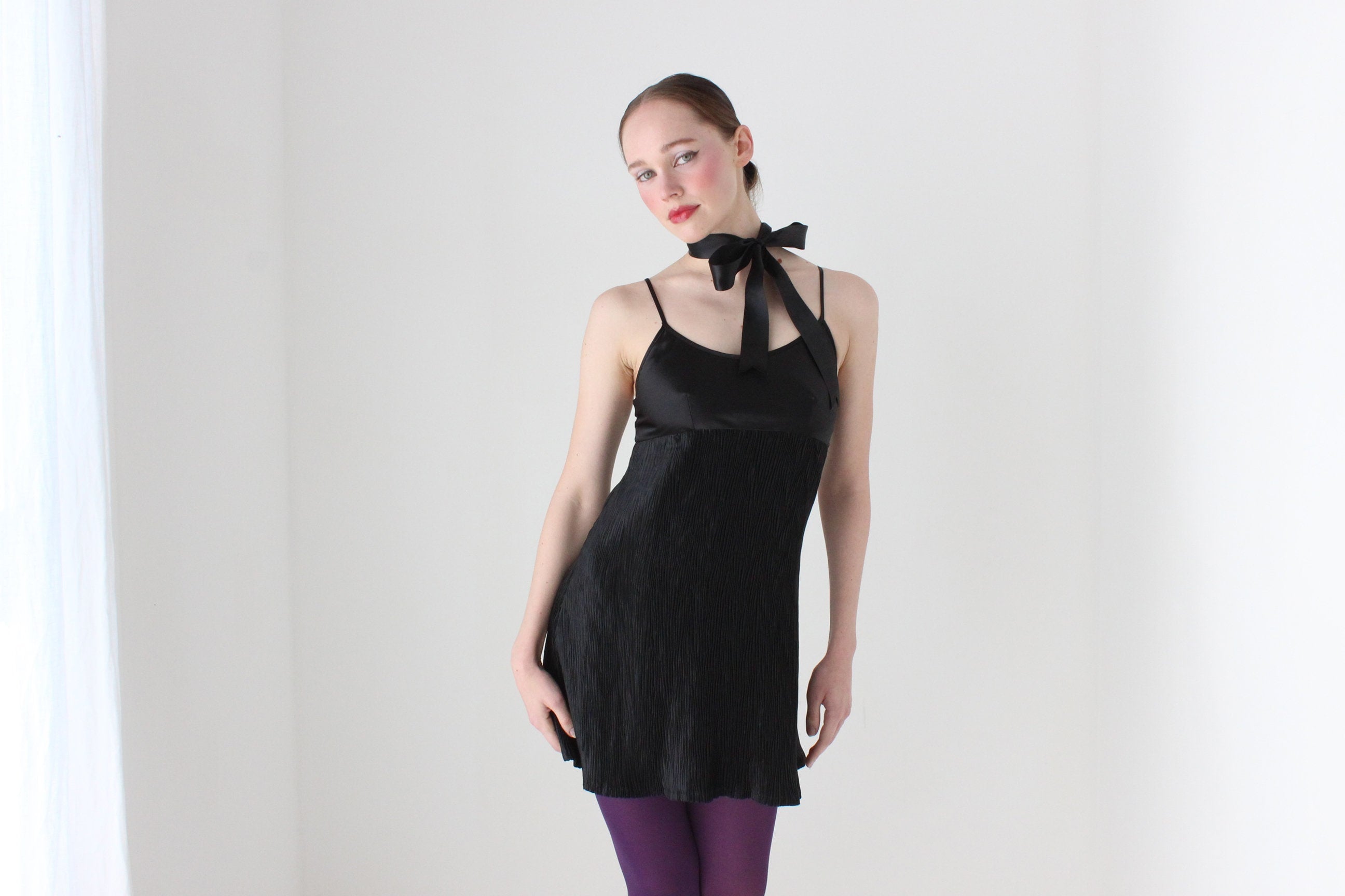 BALLETCORE 90s Black Satin Crinkle Pleat Slip Dress