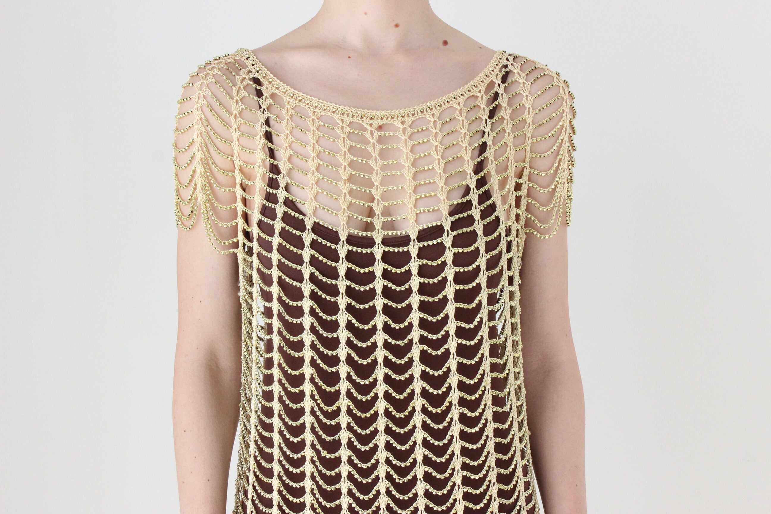 BALLETCORE Y2K Scalloped Drape Beaded Cage Knit Top