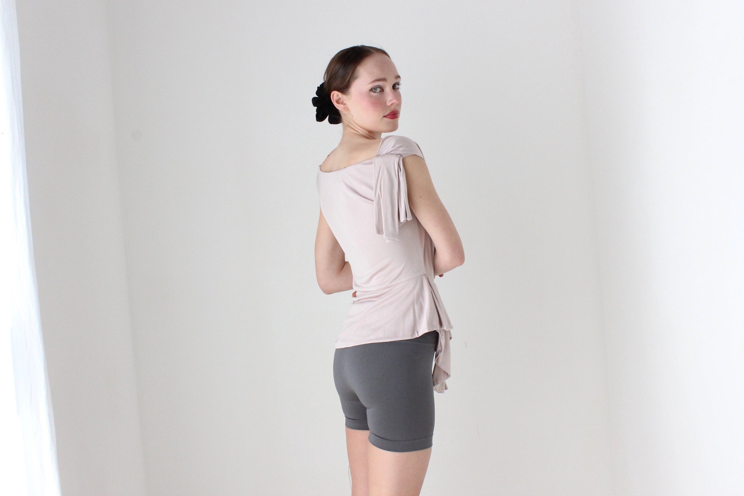 BALLETCORE Y2K Draped Palest Pink Asymmetric Textural Top