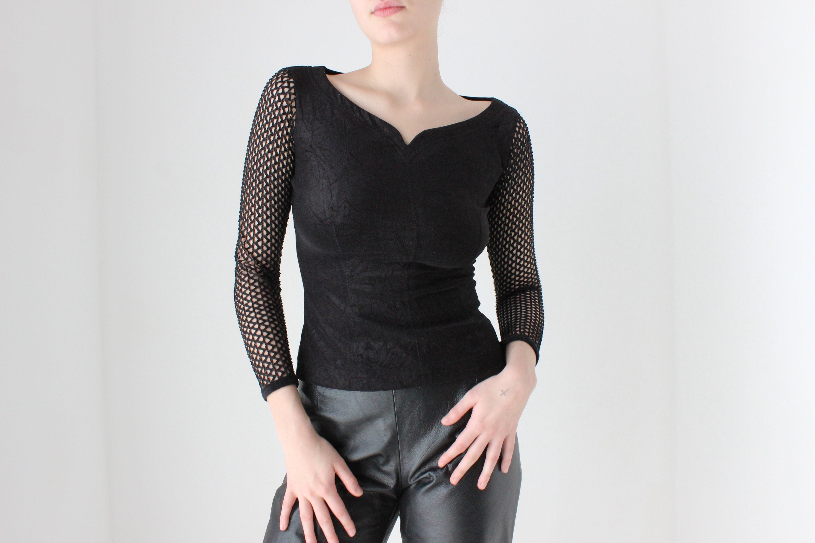 BALLETCORE 90s Goth Velour & Fishnet Stretch Long Sleeve Top