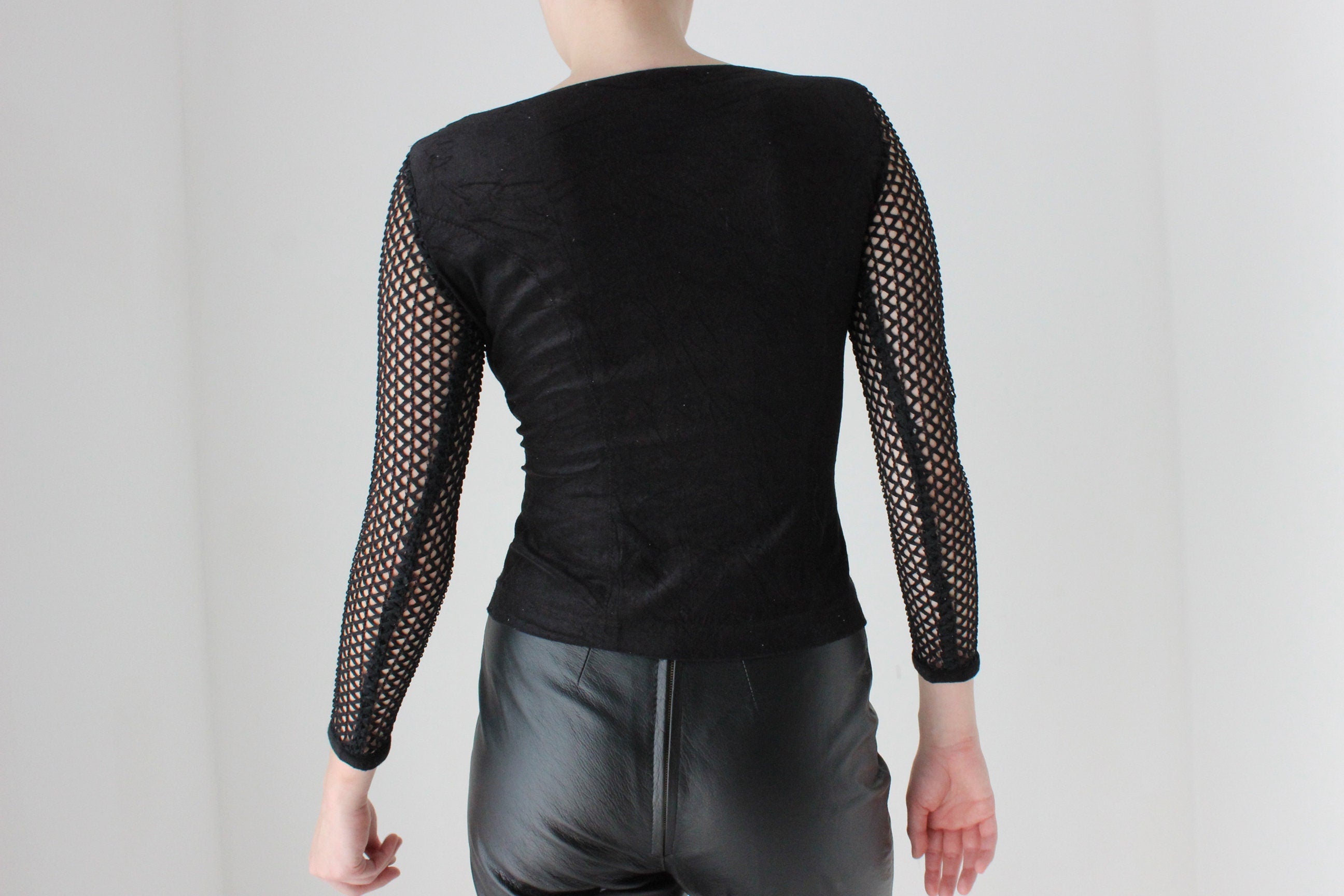 BALLETCORE 90s Goth Velour & Fishnet Stretch Long Sleeve Top