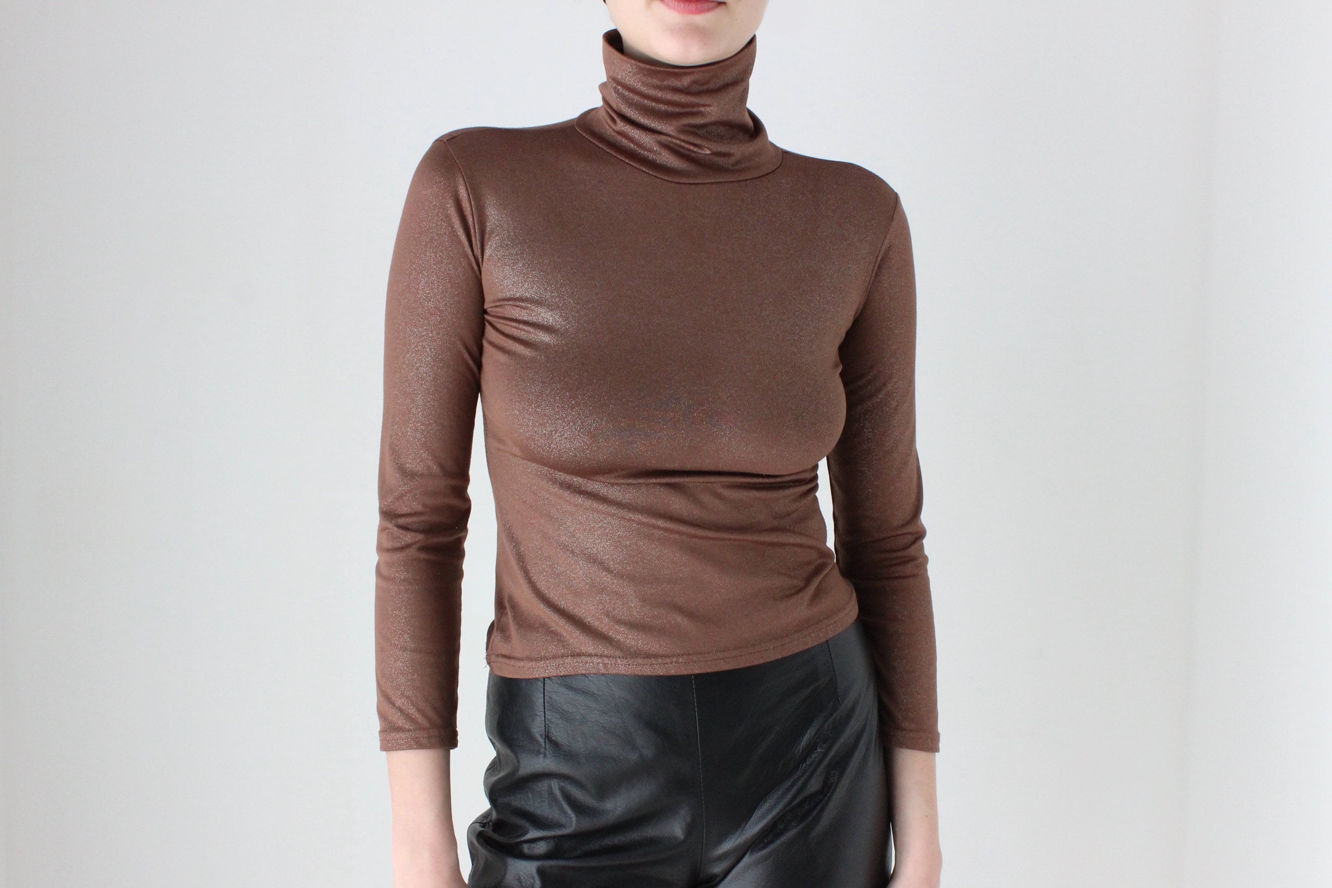90s Fitted Chocolate Glitter Knit Turtle Neck Top