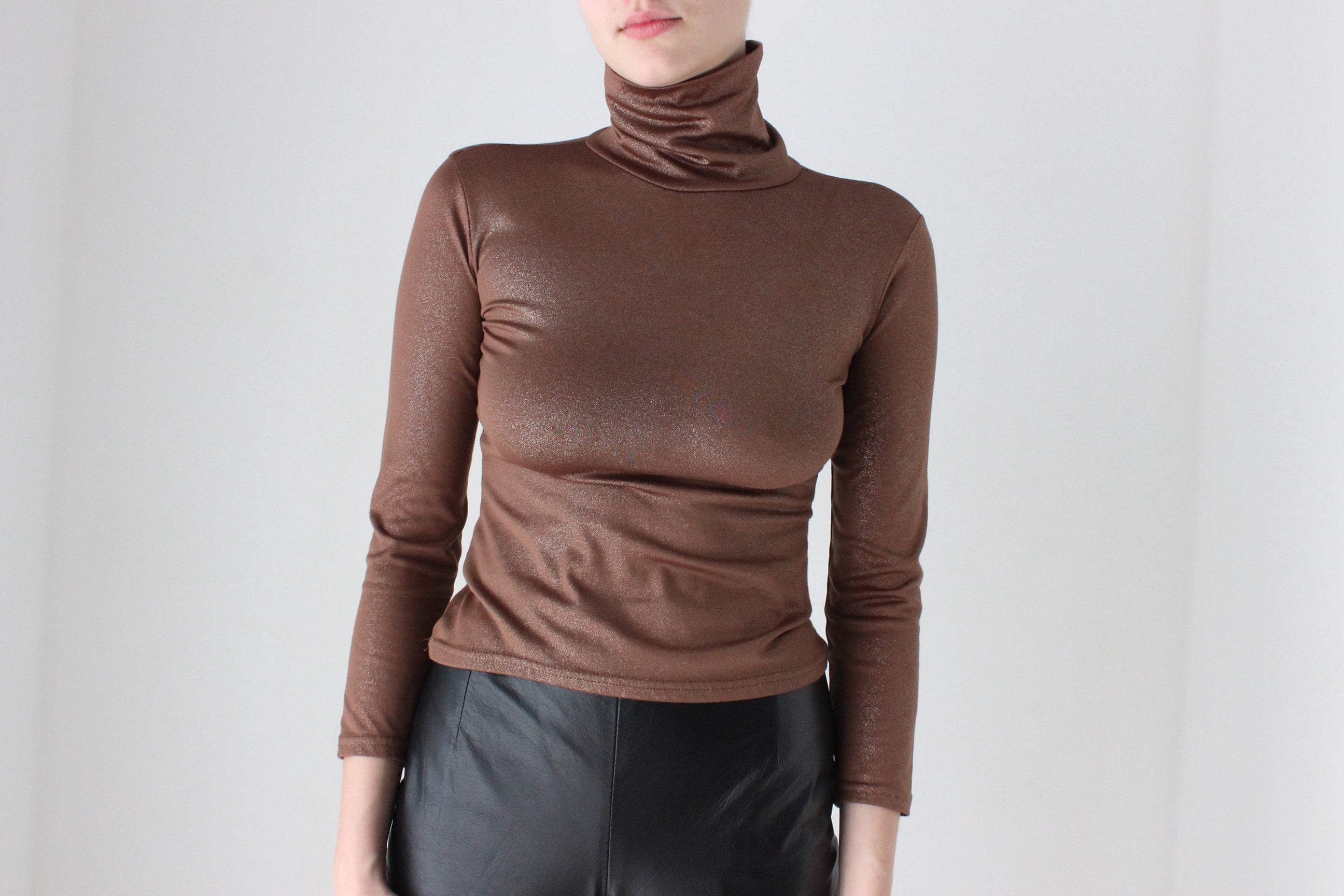 90s Fitted Chocolate Glitter Knit Turtle Neck Top