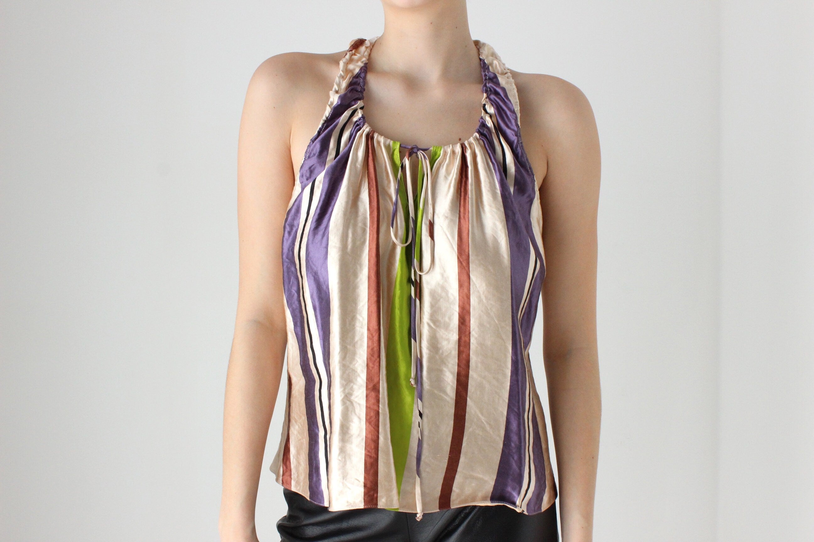 BALLETCORE 2000s Marni Metallic Striped Silk / Linen Trapeze Top