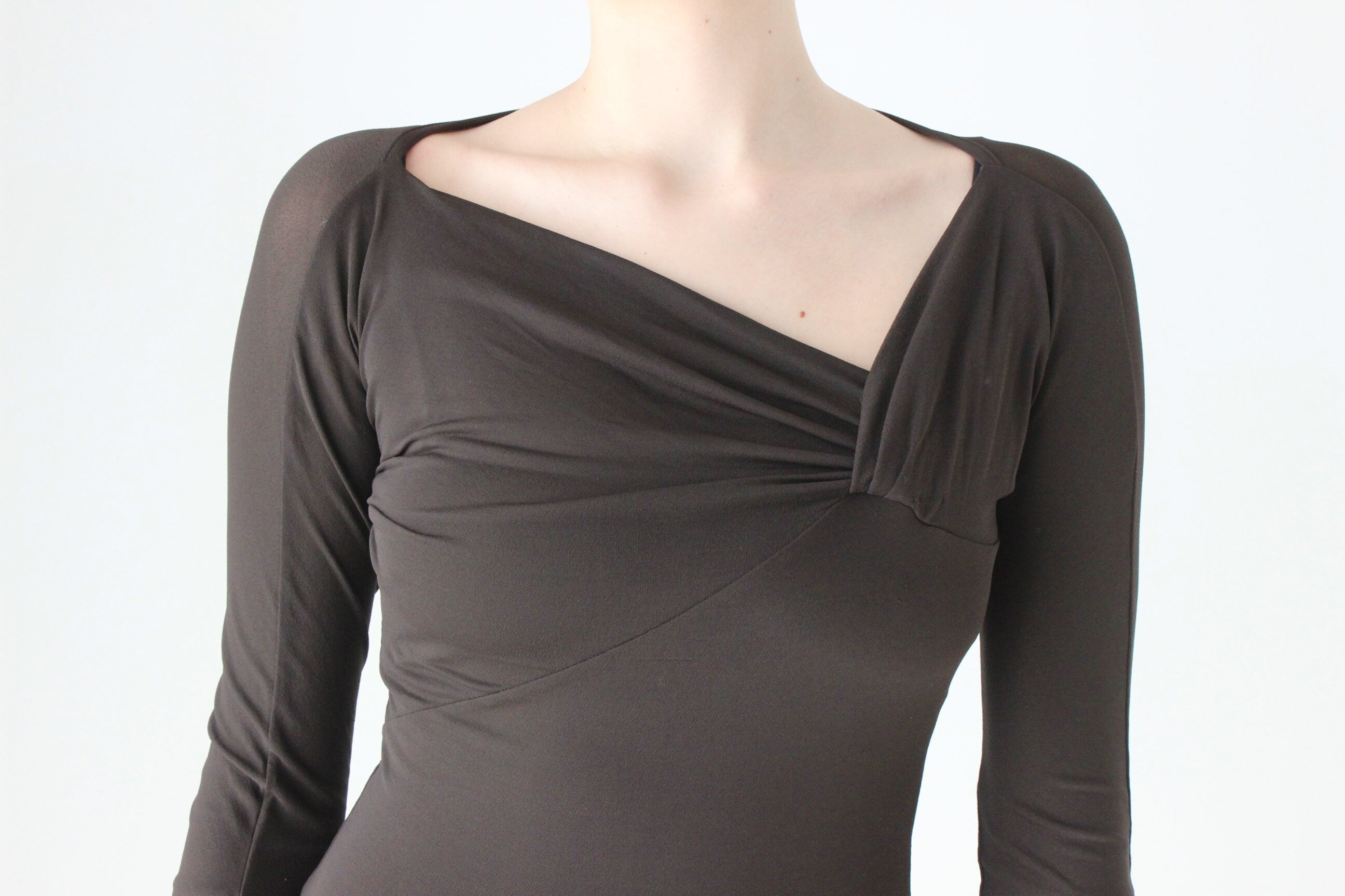 BALLETCORE Max Mara Chocolate Mesh Asymmetric Bodysuit