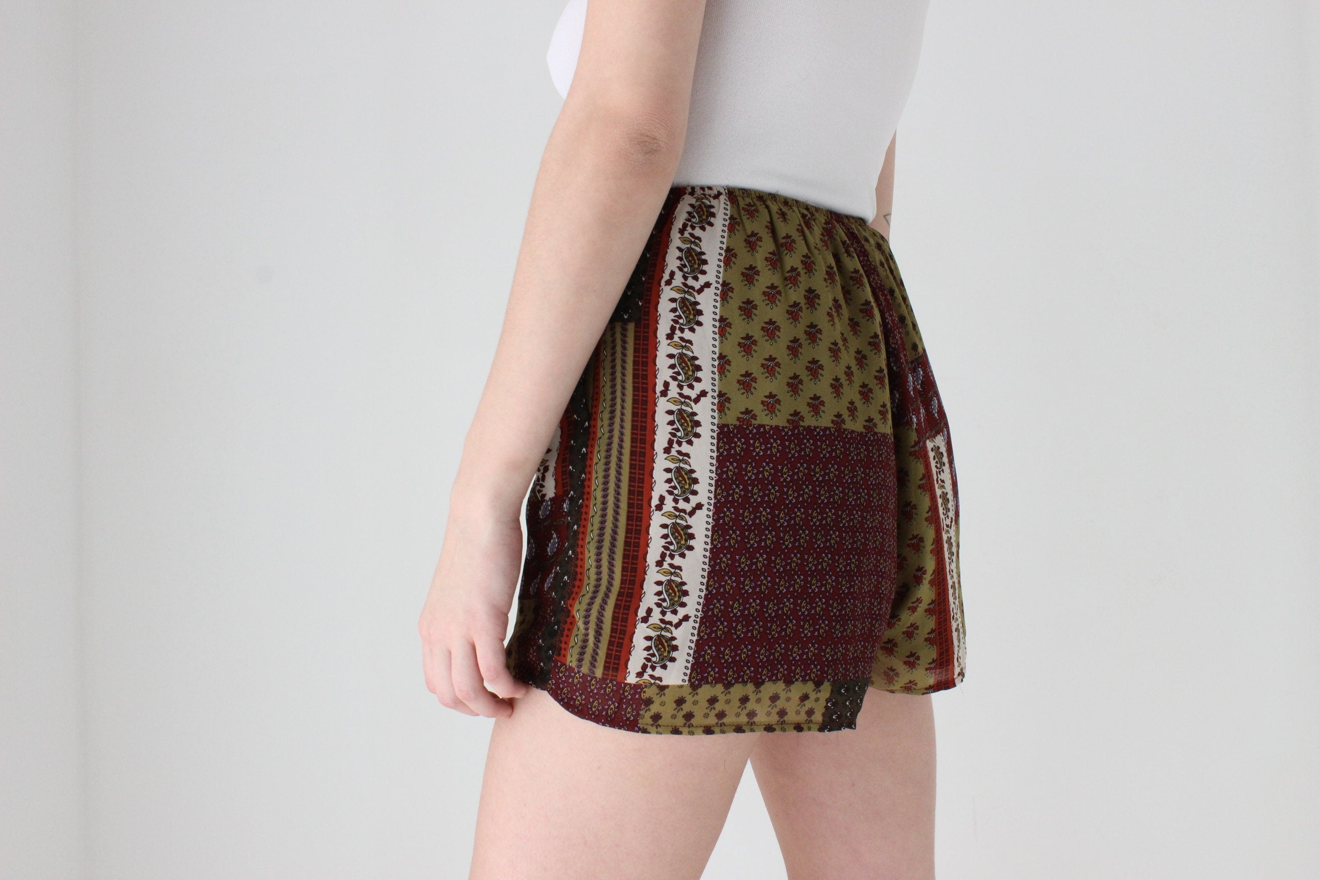 Y2K Patchwork Print Stretch Waist Relaxed Shorts