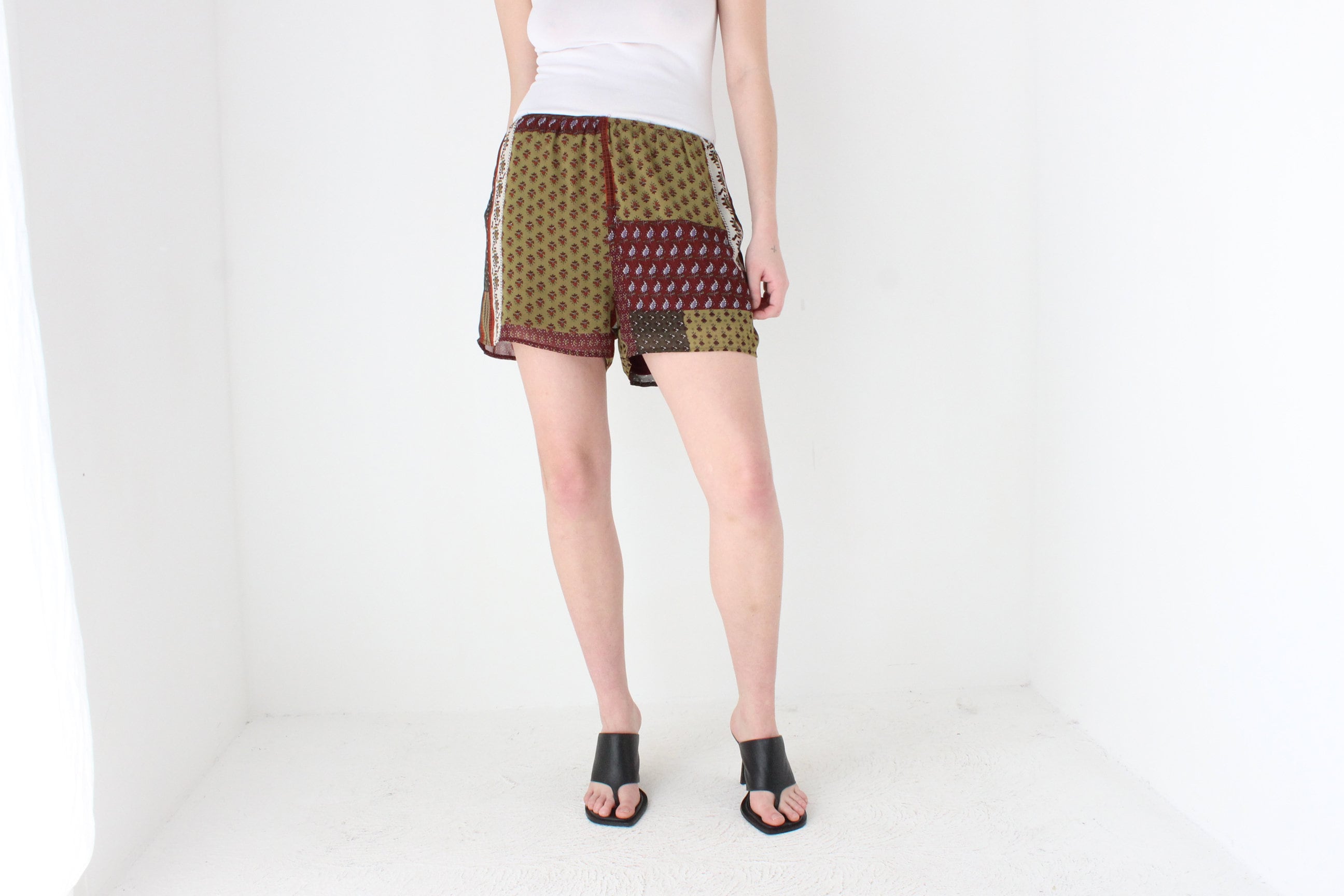 Y2K Patchwork Print Stretch Waist Relaxed Shorts