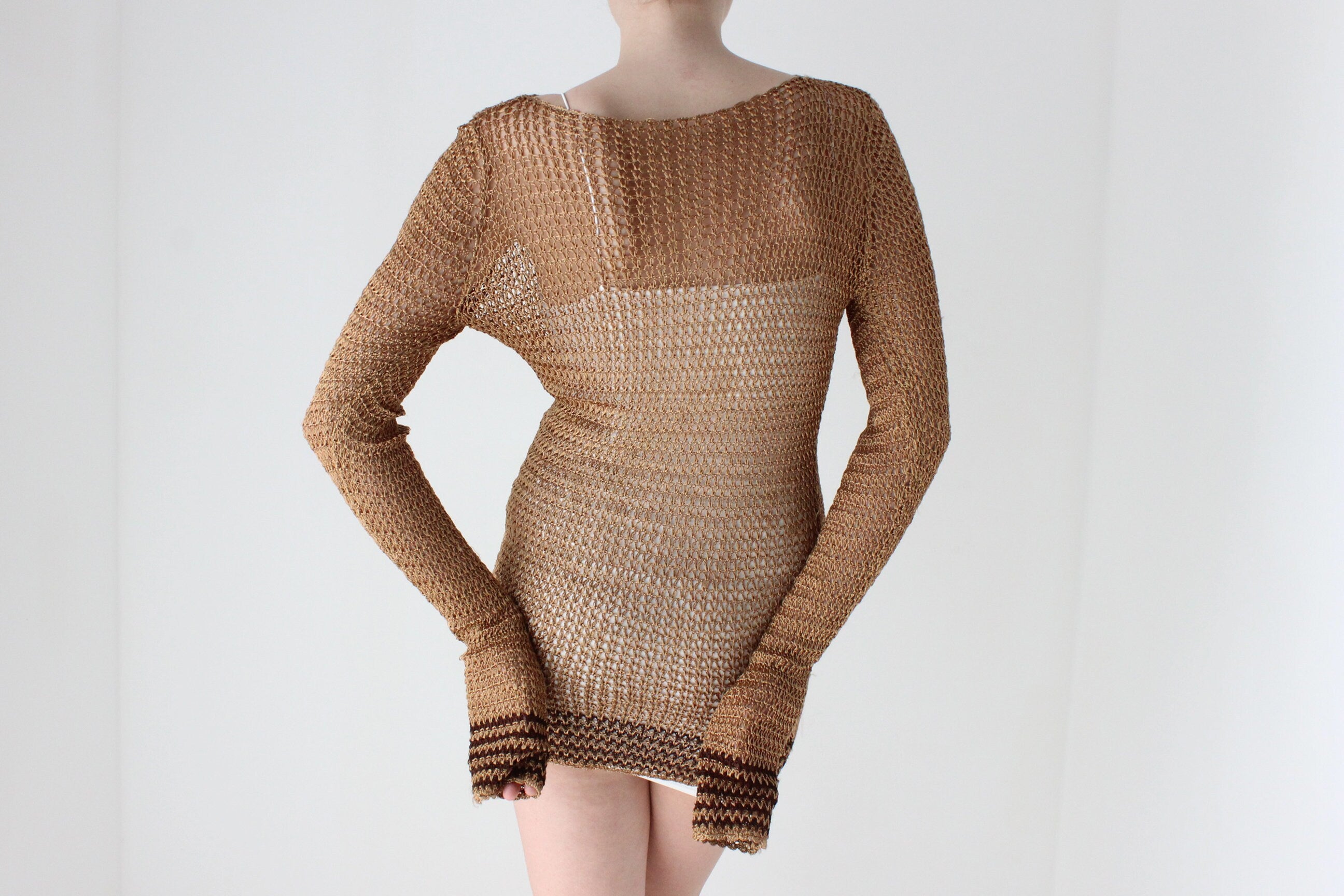 70s Open Knit Crochet Macrame Top or Mini