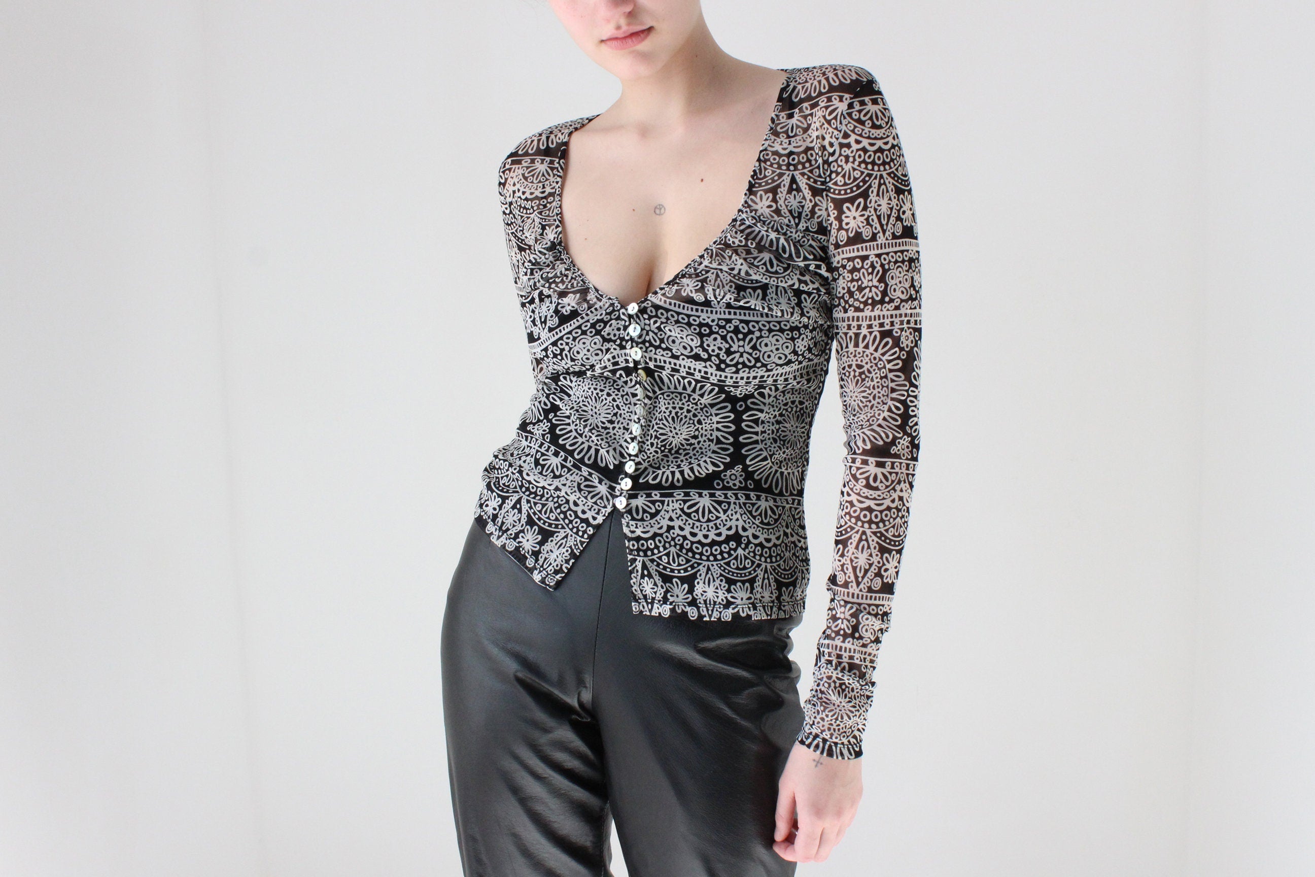 Y2K Printed Mesh Plunge Neck Button Front Top