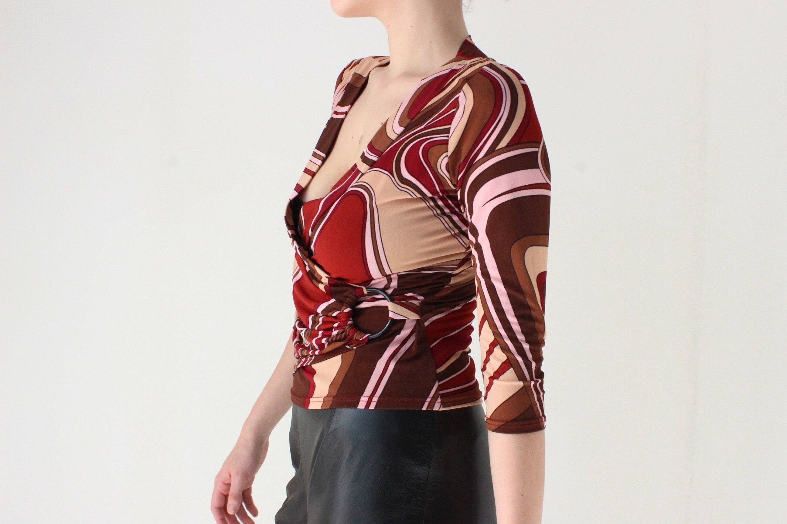 00s Does 70s Printed Disco Plunge Neck Top
