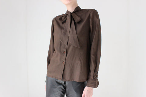 80s Chocolate Silk-Feel Blouse w/ Ties at Collar