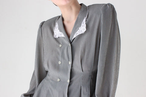 80s Sexy Secretary Lace Collar Button Up Blouse