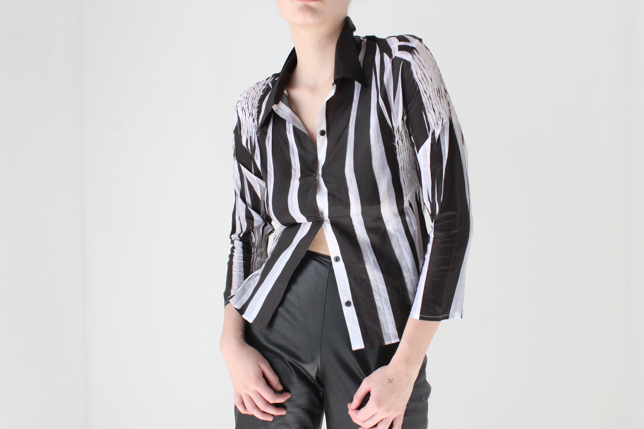 Y2K Origami Crinkle Textured Monochrome Stretch Shirt