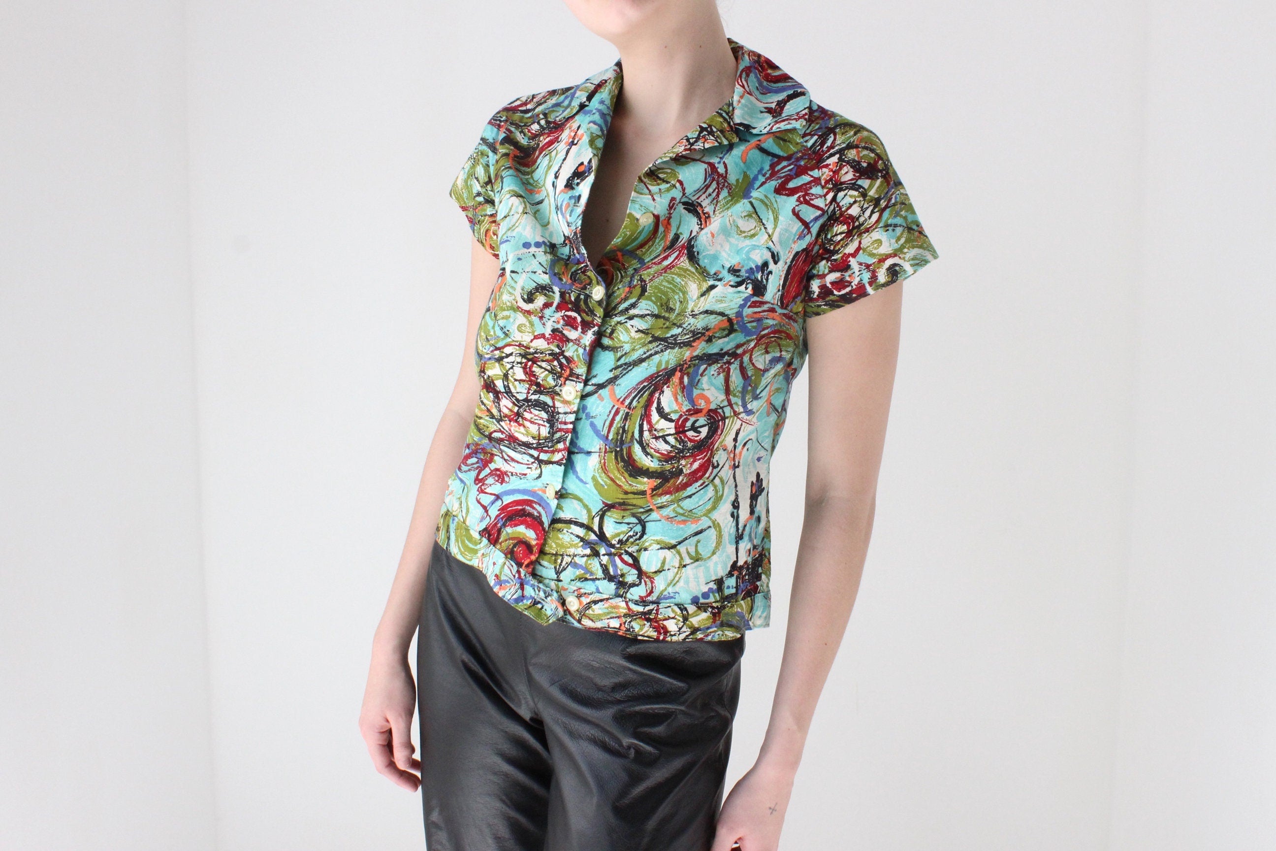 80s Abstract Paint Spatter Boxy Cotton Button Up