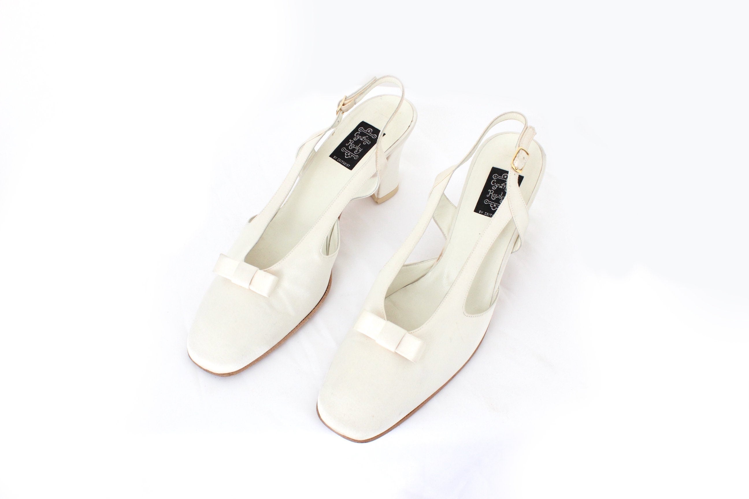 BALLETCORE 90s Designer Ivory Satin & Leather Heels ~ Euro 39.5