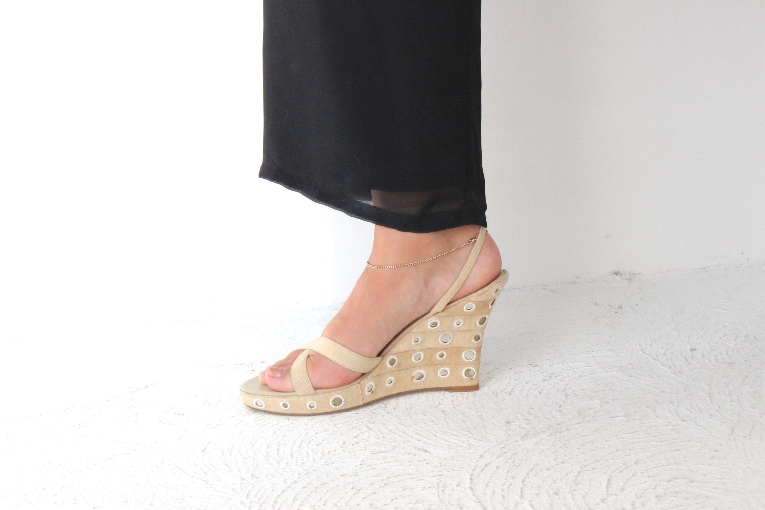 Y2K Mollini Canvas & Mirror Embellished Espadrille Wedges ~ Euro 39