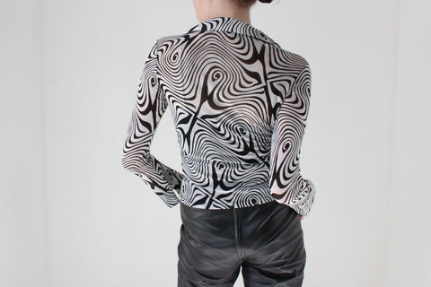 Y2K Trippy Monochrome Printed Mesh Button Up Top