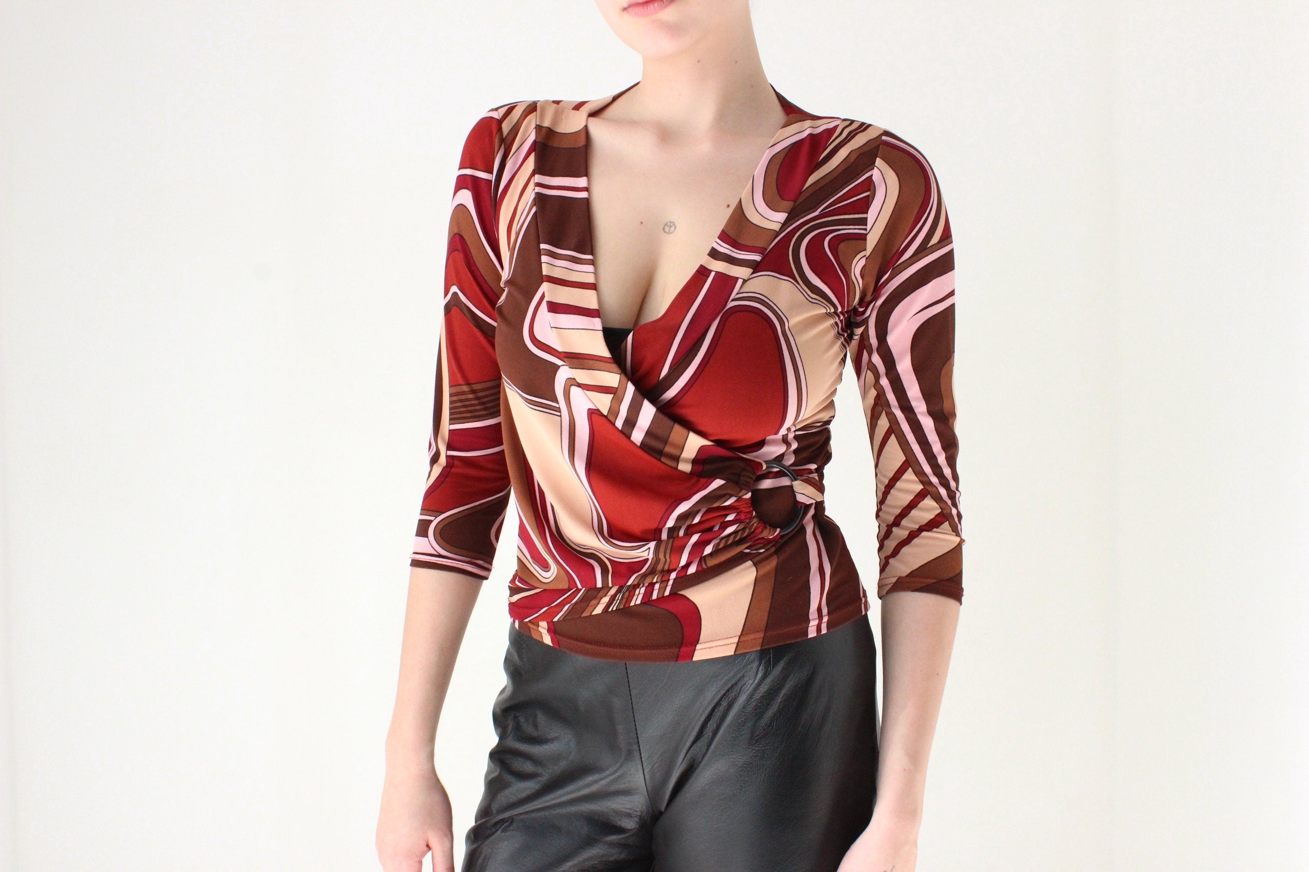 00s Does 70s Printed Disco Plunge Neck Top