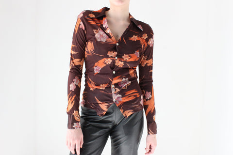 70s Disco Kitten Floral Stretch Fitted Blouse
