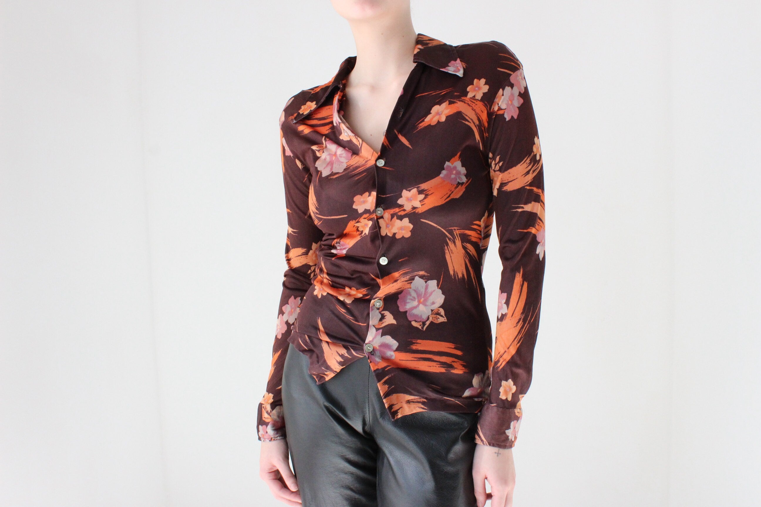 70s Disco Kitten Floral Stretch Fitted Blouse