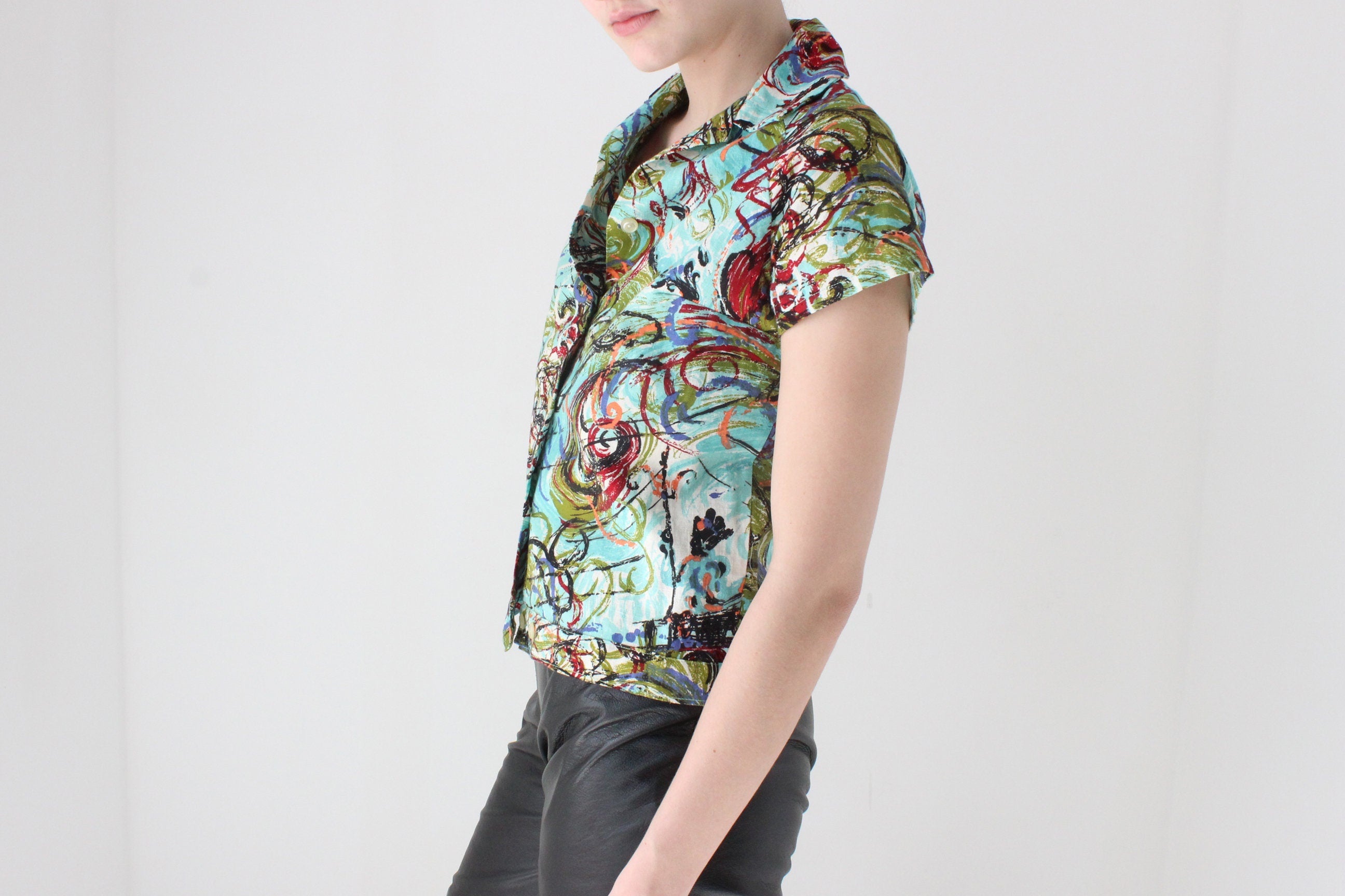 80s Abstract Paint Spatter Boxy Cotton Button Up