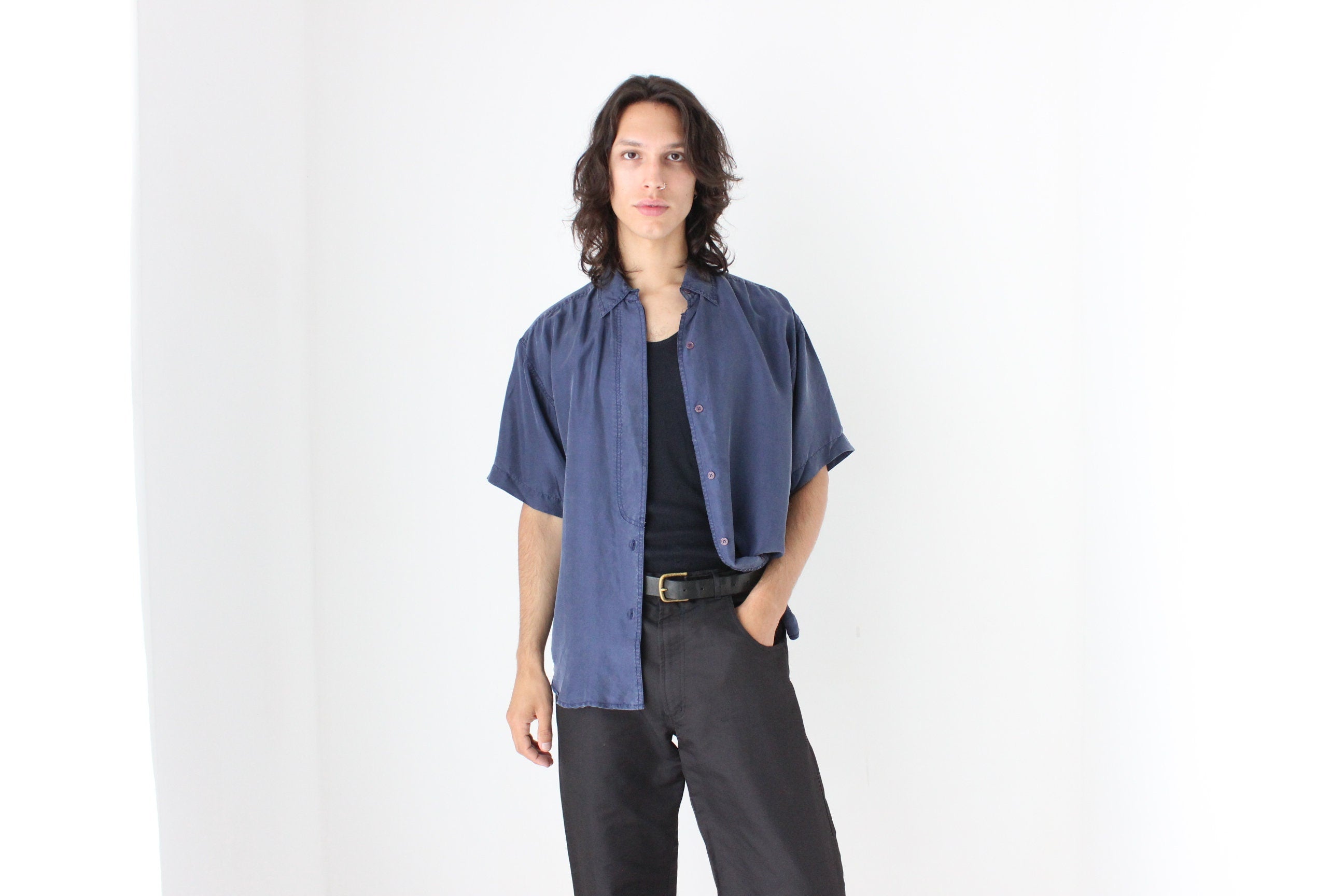 80s Matte SILK Boxy Minimal Shirt in Deep Blue