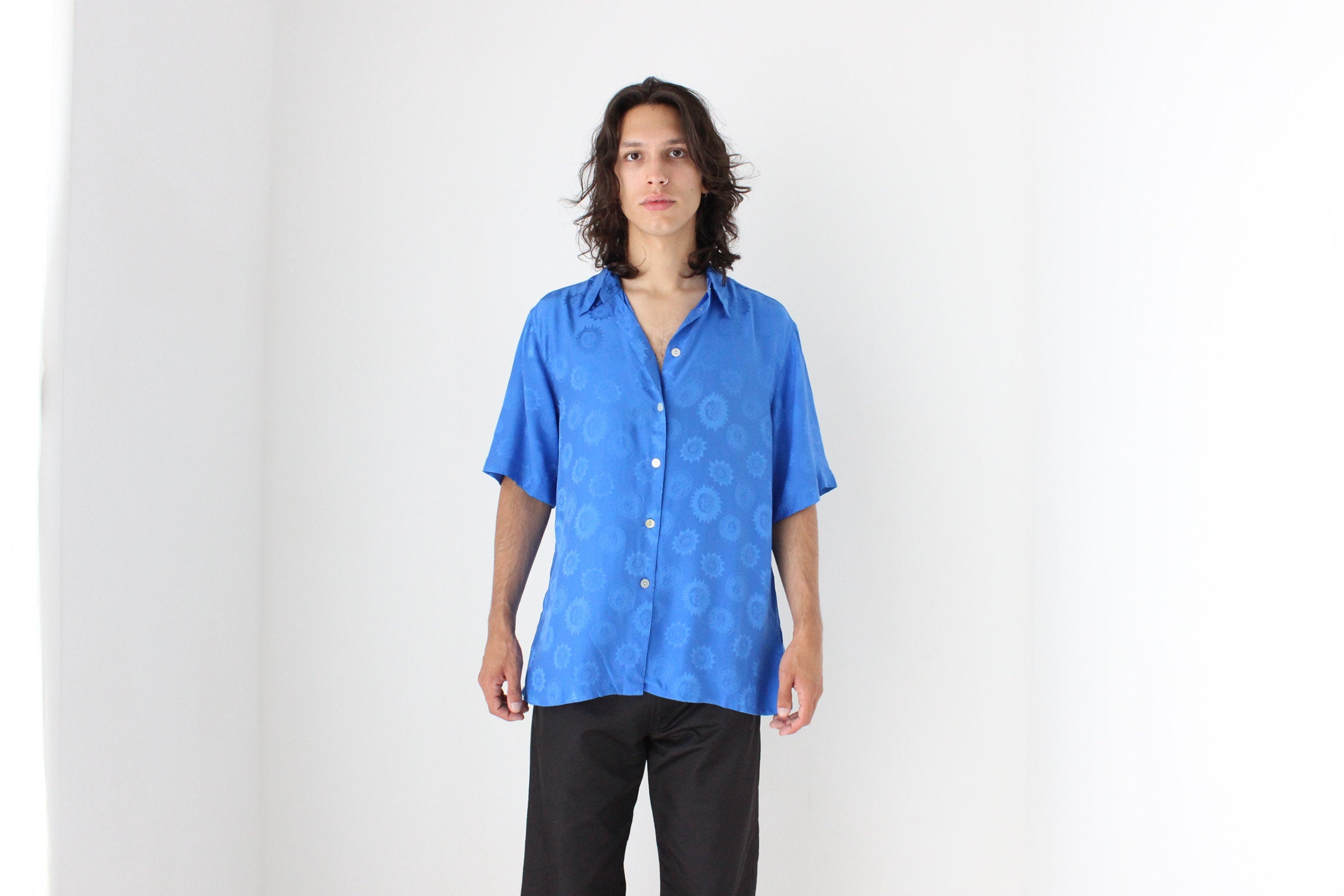 80s PURE SILK Cobalt Blue Medusa & Sun Embossed Boxy Shirt