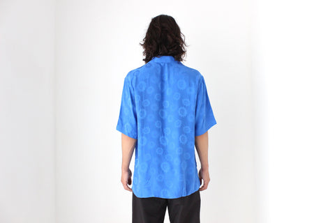 80s PURE SILK Cobalt Blue Medusa & Sun Embossed Boxy Shirt