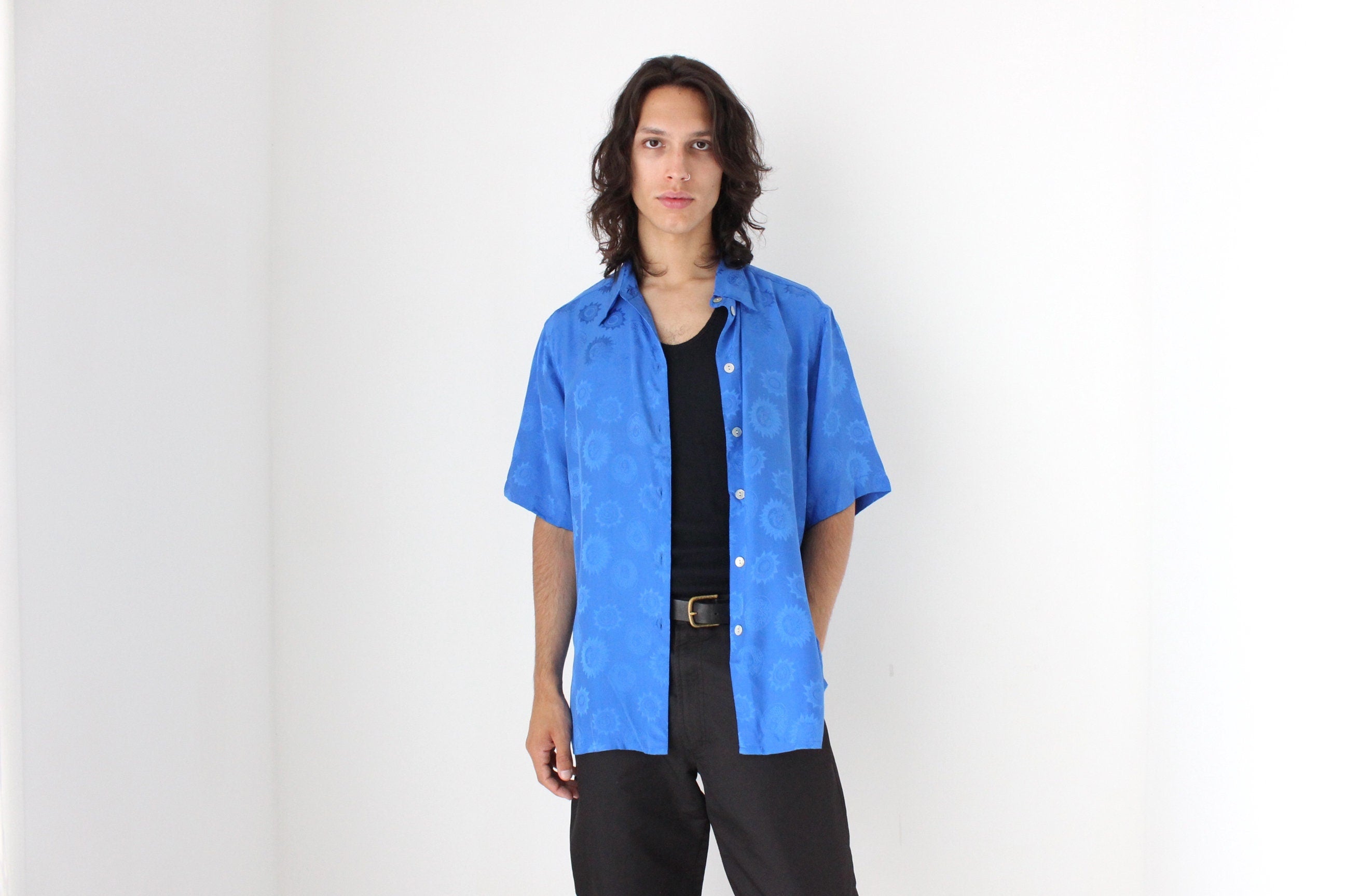 80s PURE SILK Cobalt Blue Medusa & Sun Embossed Boxy Shirt