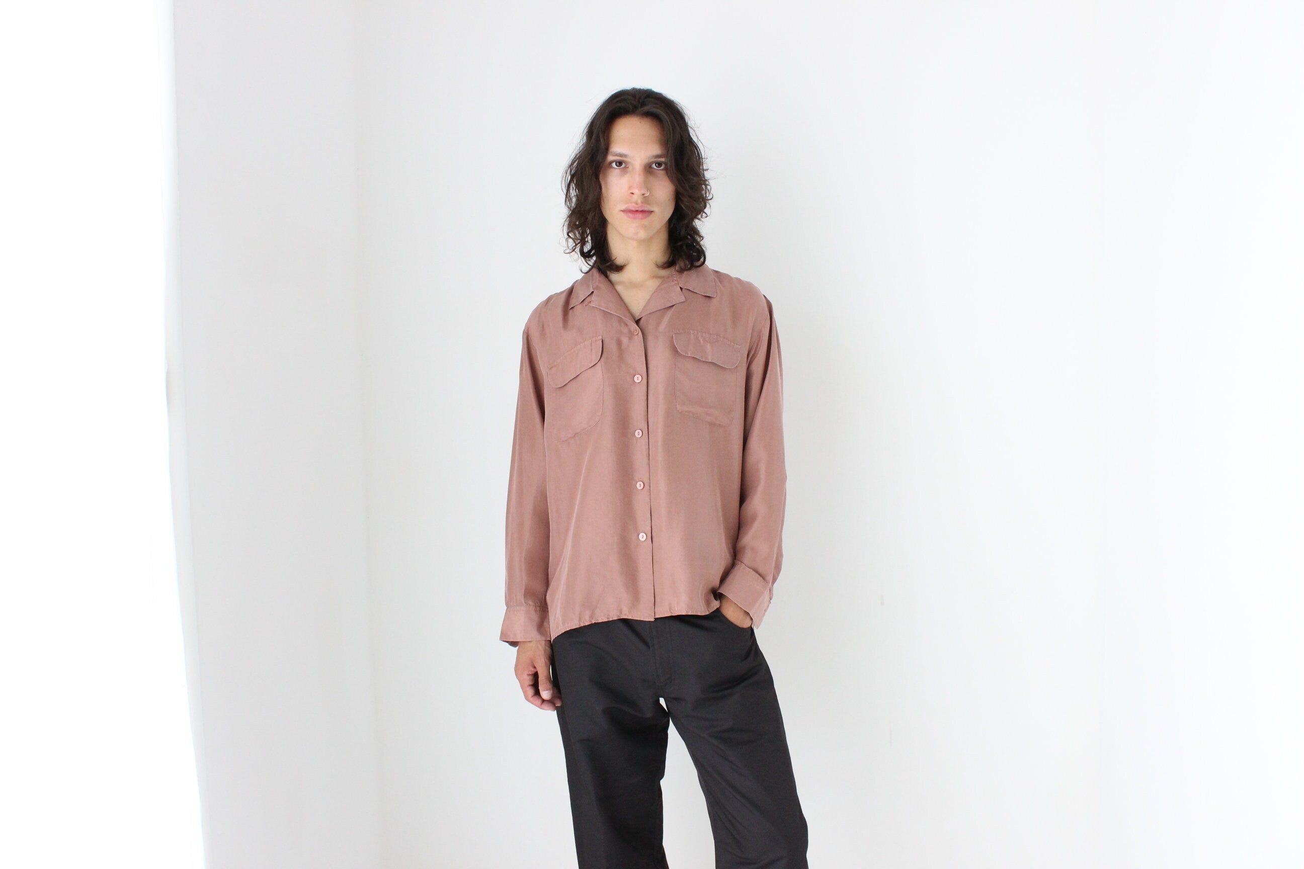 80s PURE SILK Double Pocket Long Sleeve Shirt in Mauve