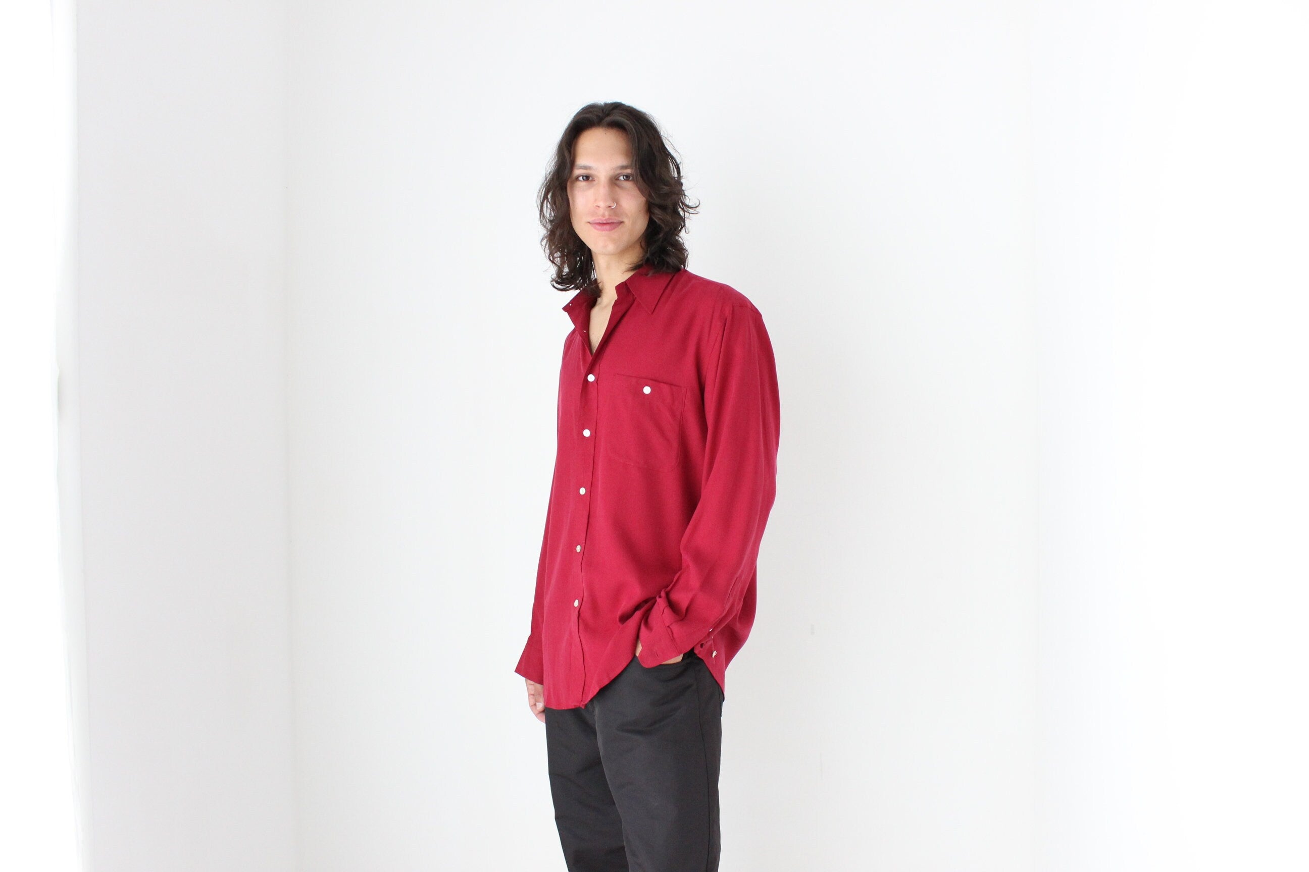 90s Textured Pure Silk Relaxed Shirt in Burgundy