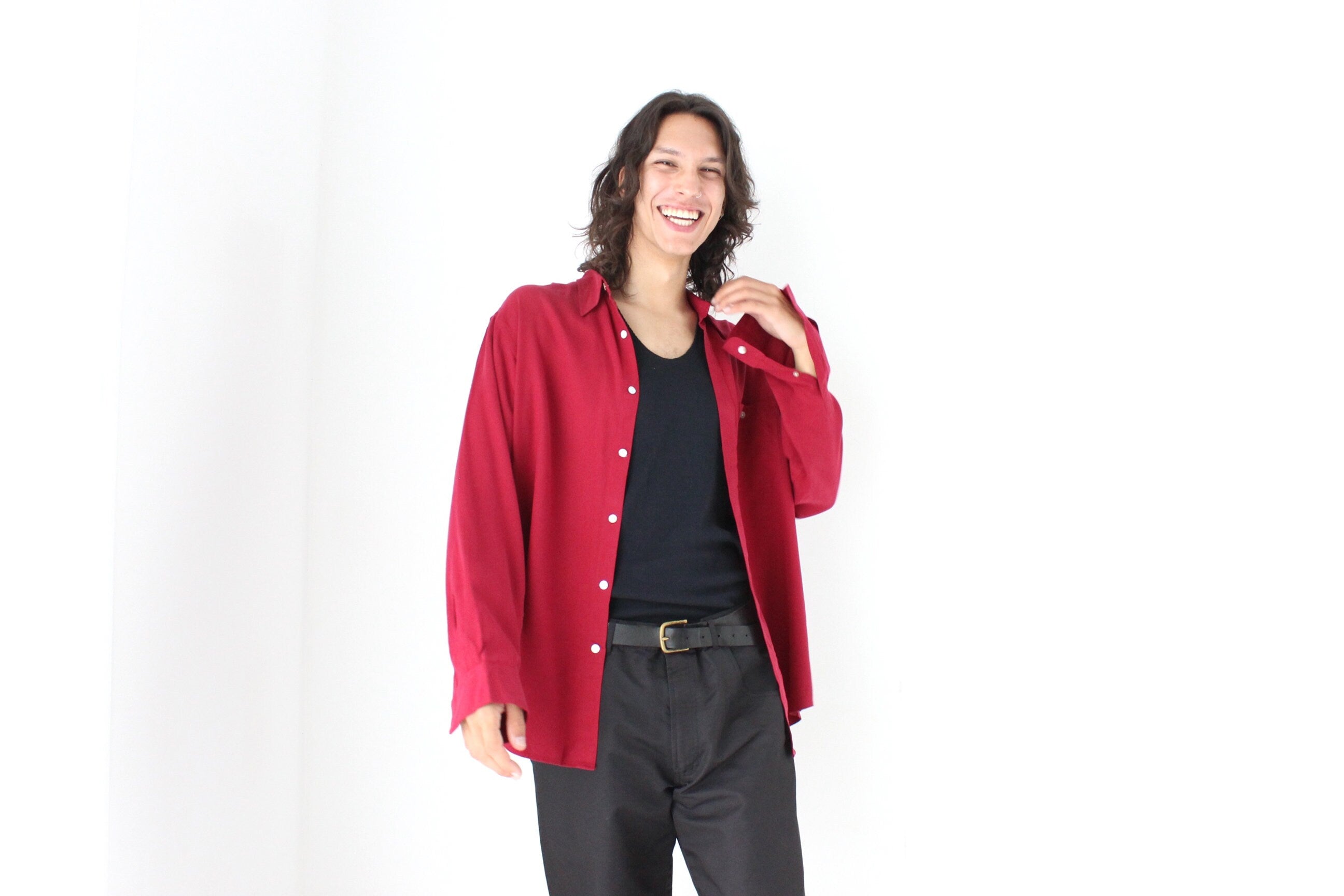 90s Textured Pure Silk Relaxed Shirt in Burgundy