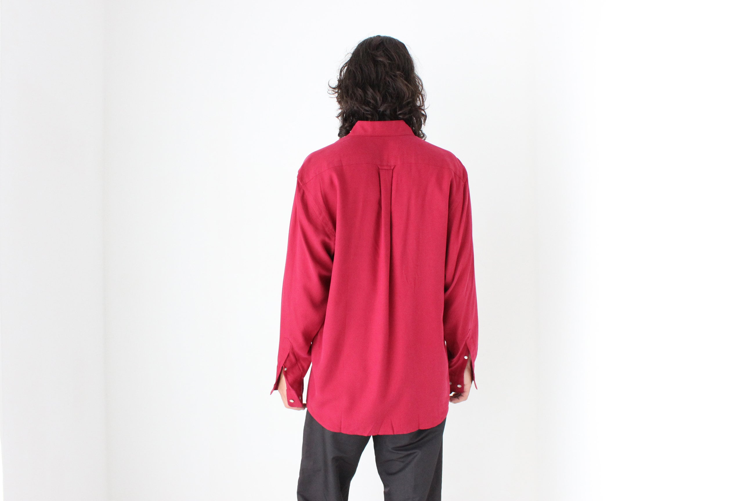 90s Textured Pure Silk Relaxed Shirt in Burgundy