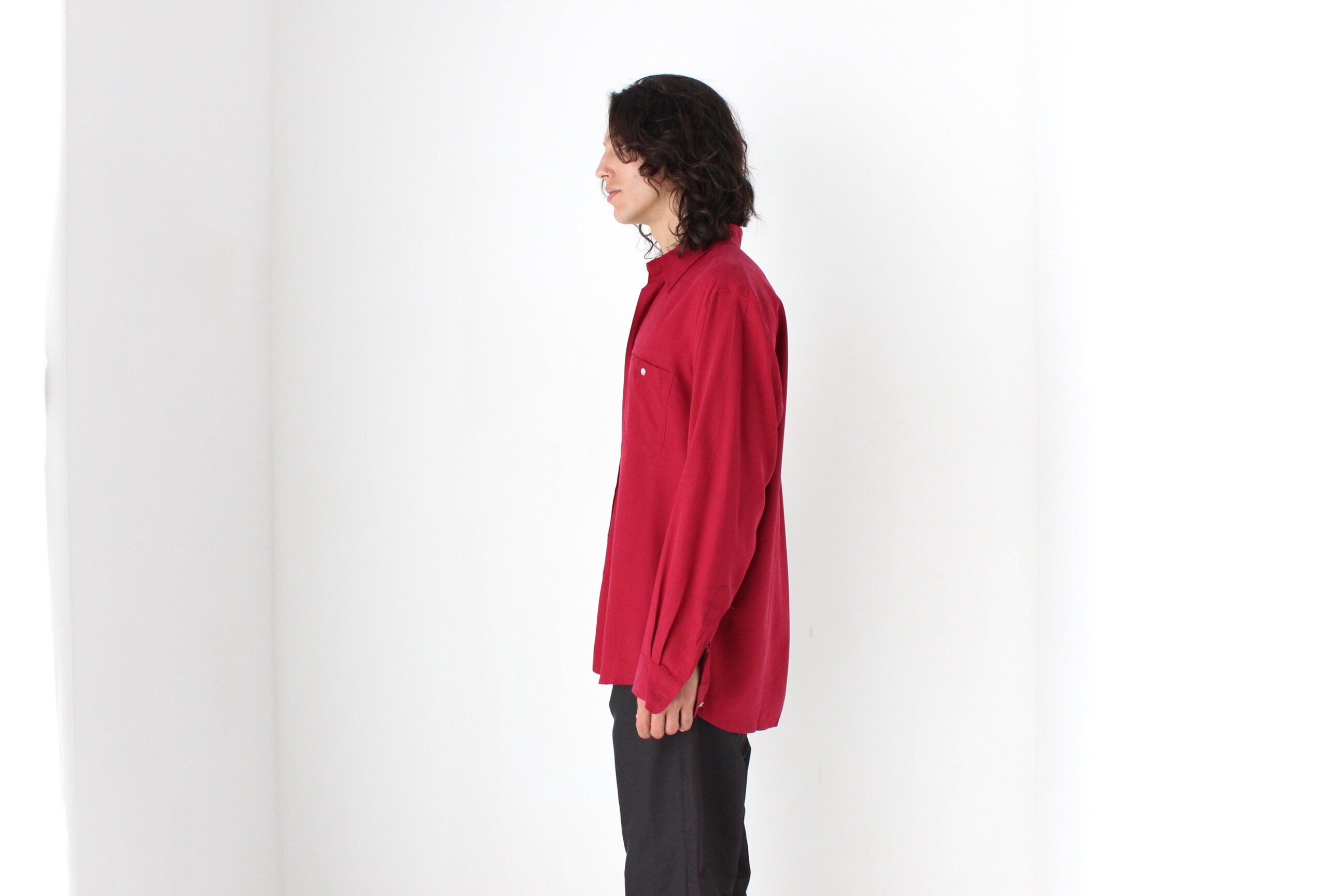 90s Textured Pure Silk Relaxed Shirt in Burgundy