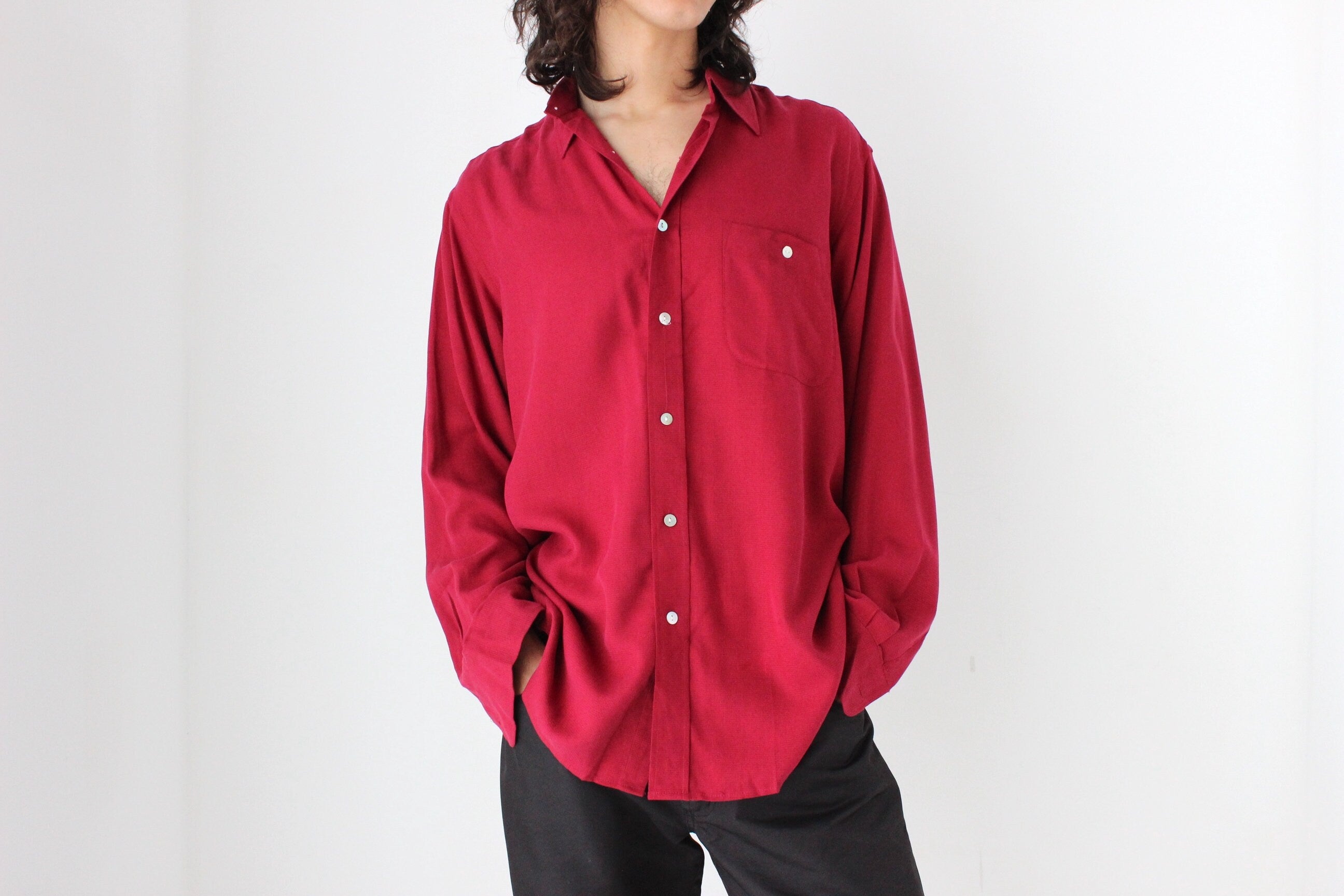 90s Textured Pure Silk Relaxed Shirt in Burgundy