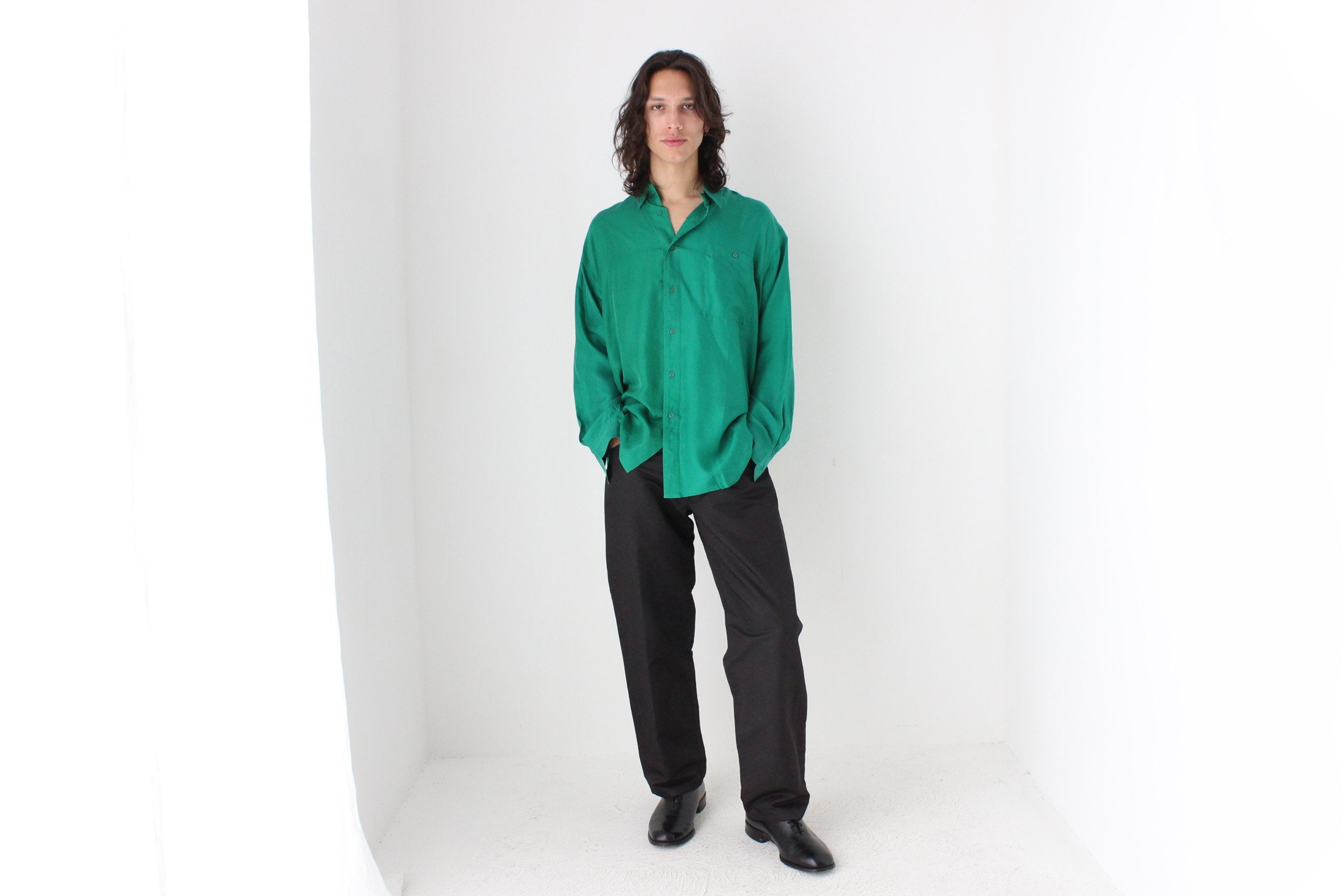 80s PURE SILK Relaxed Long Sleeve Shirt in Emerald