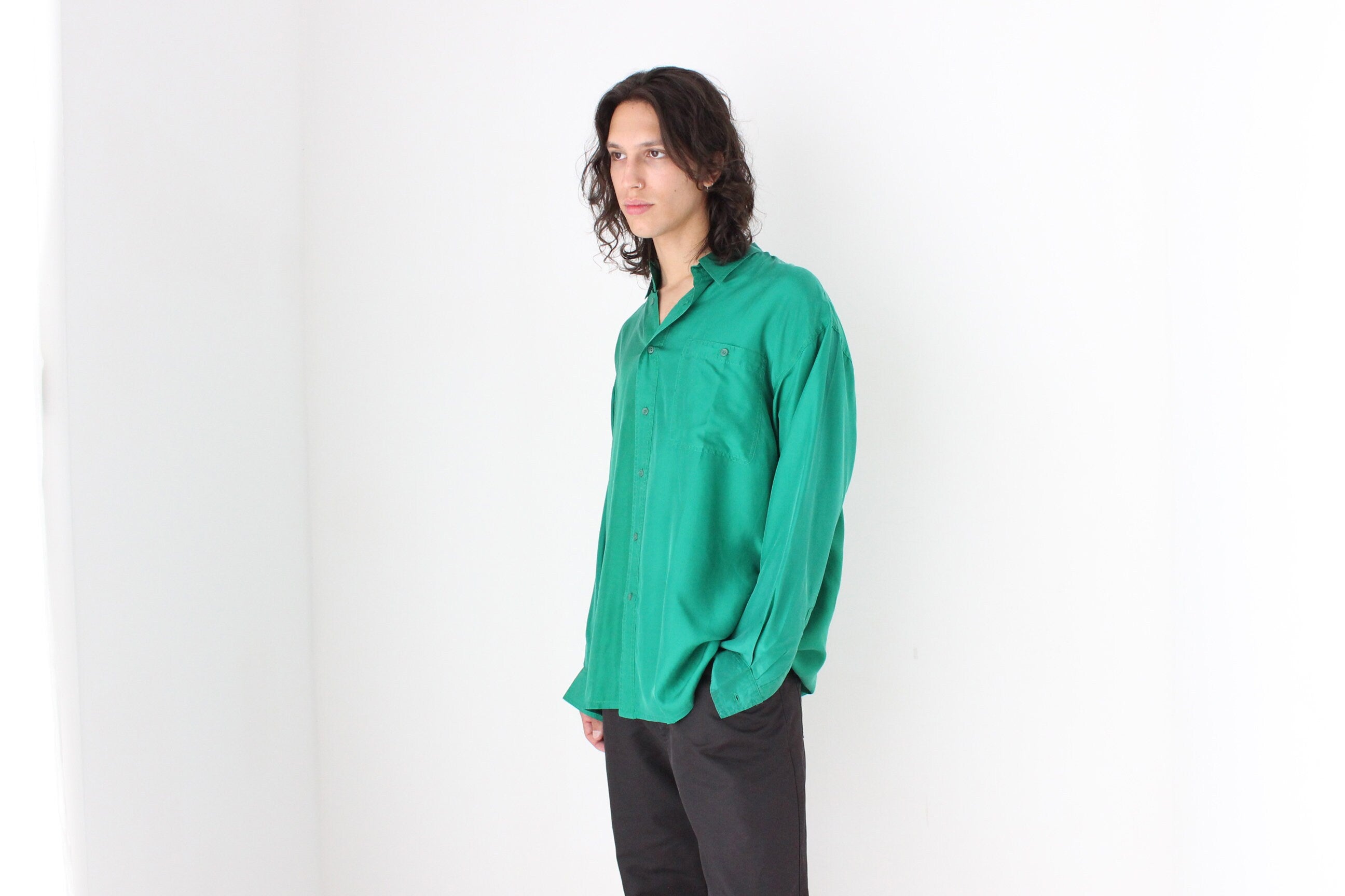 80s PURE SILK Relaxed Long Sleeve Shirt in Emerald