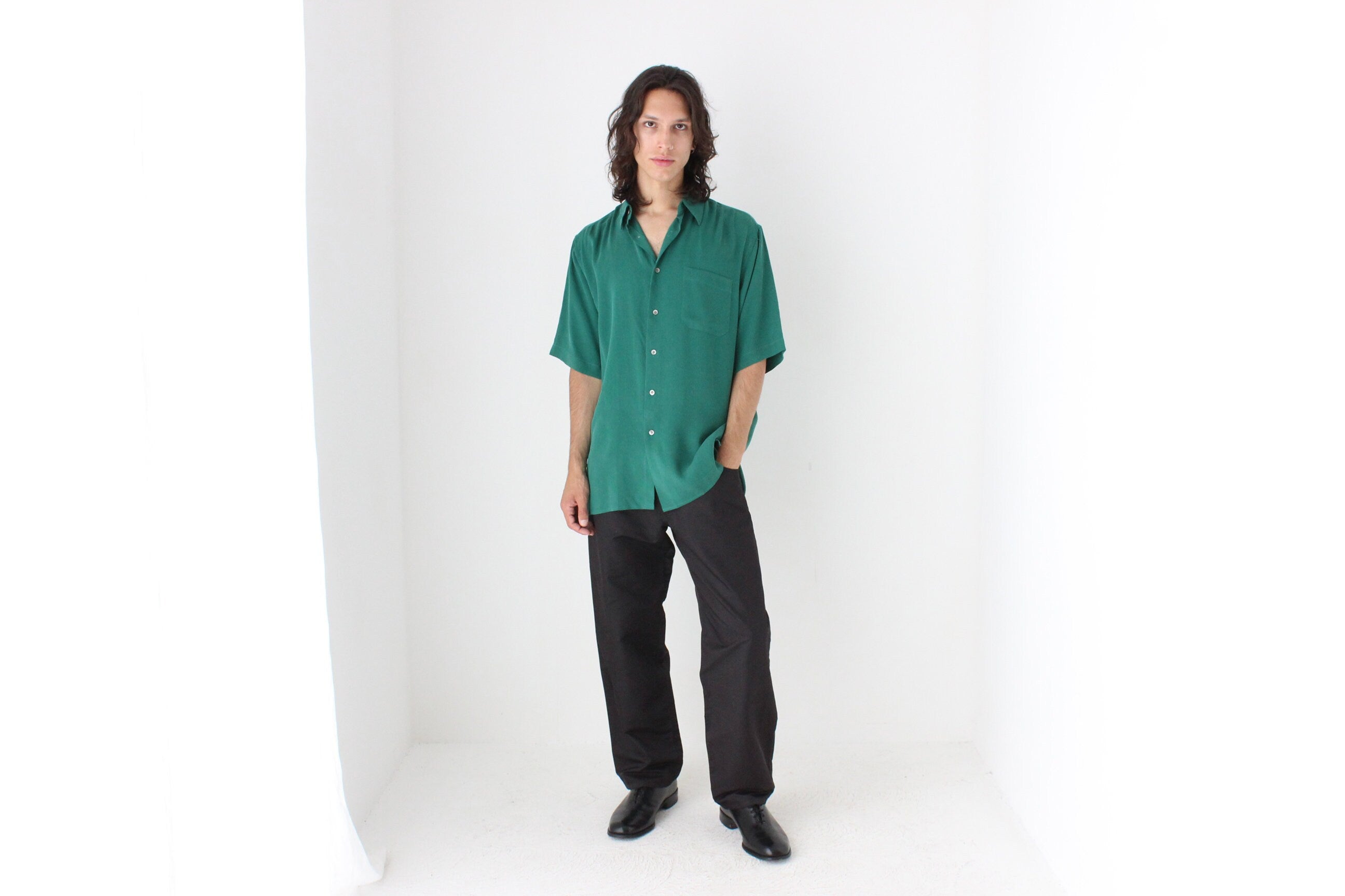 90s Textured Pure Silk Boxy Shirt in Green