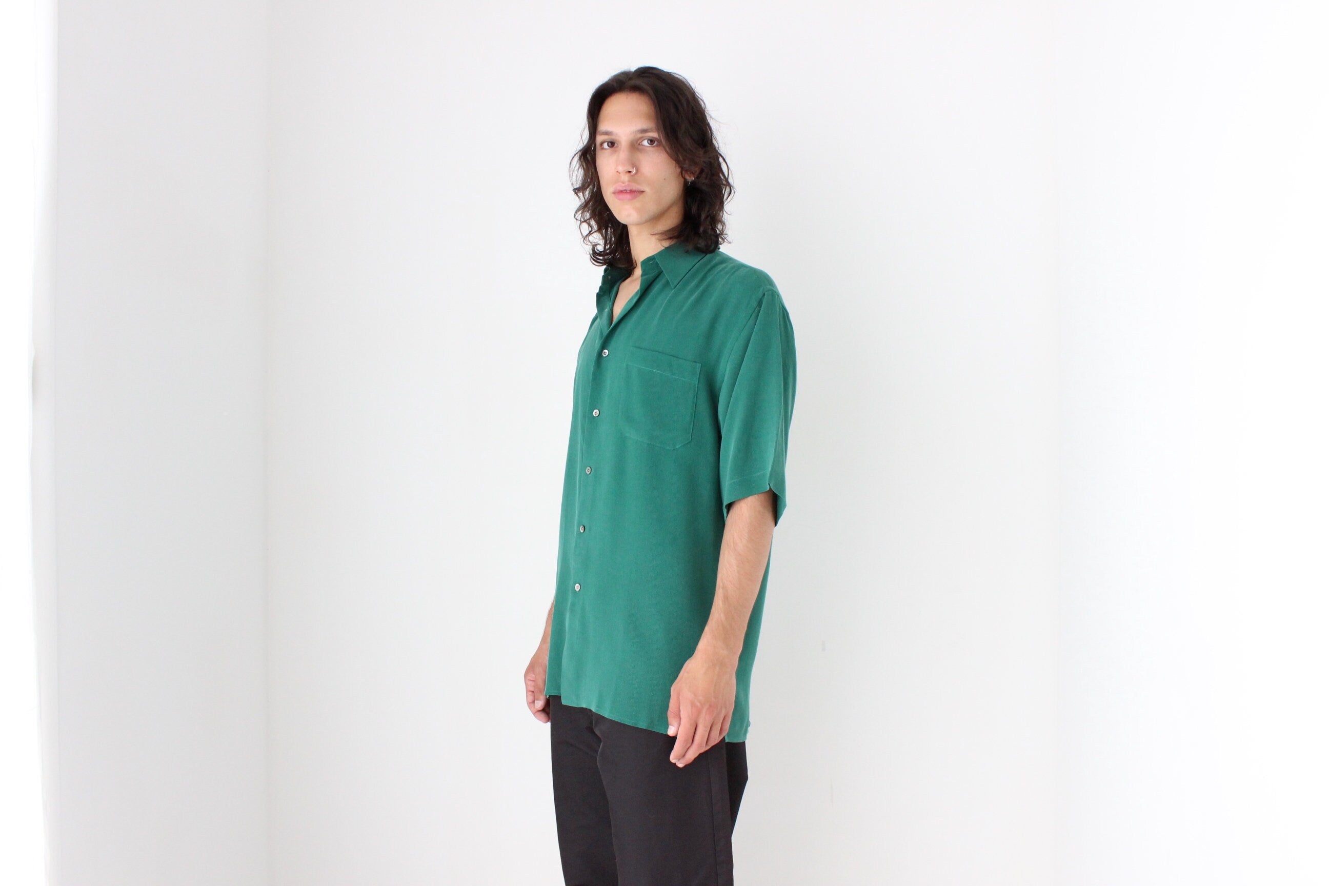 90s Textured Pure Silk Boxy Shirt in Green