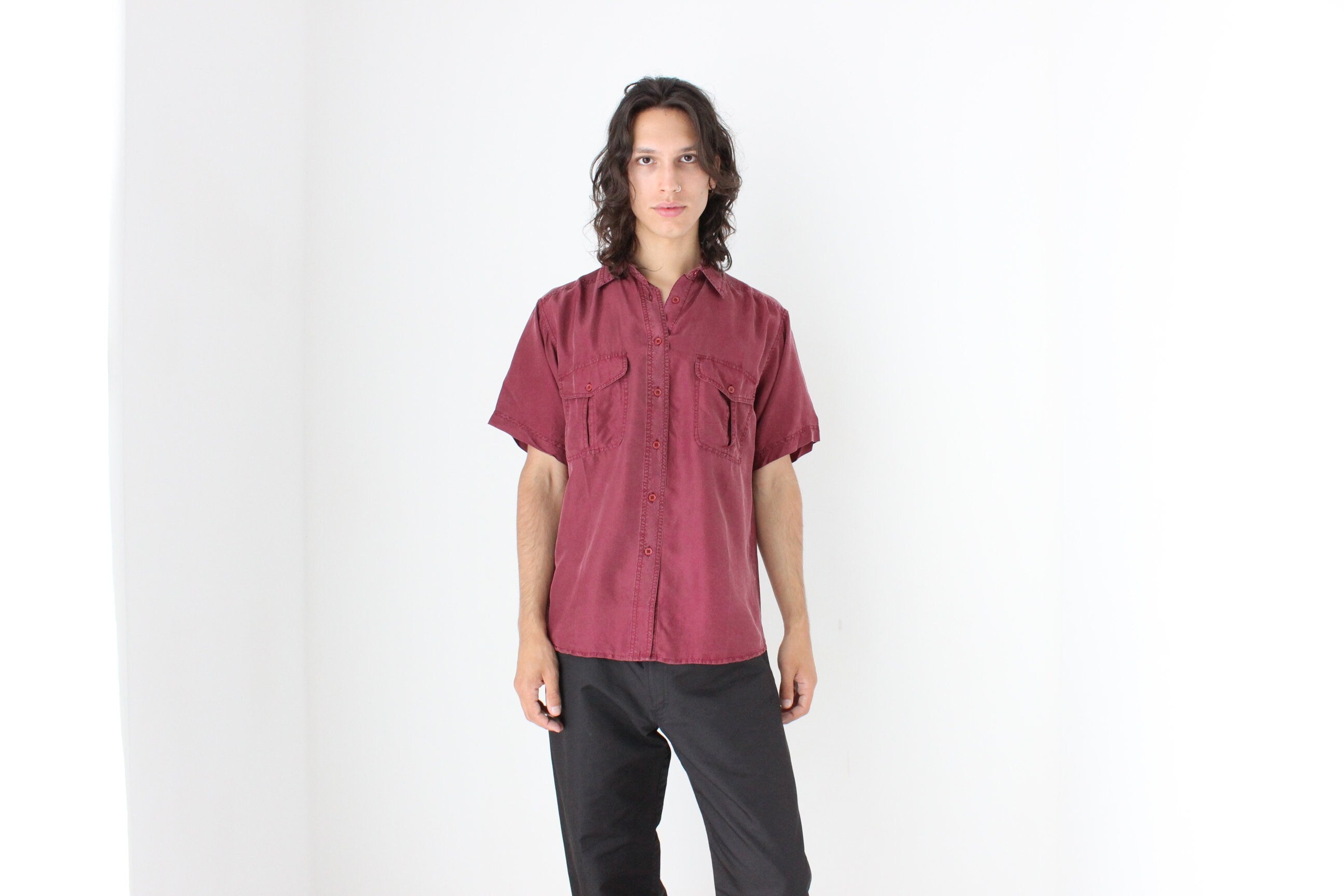 80s MATTE SILK Boxy Double Pocket Shirt in Burgundy