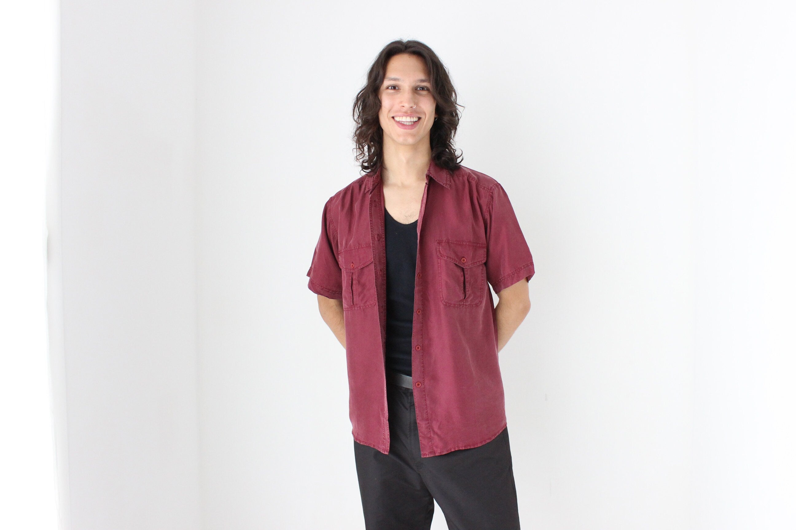 80s MATTE SILK Boxy Double Pocket Shirt in Burgundy