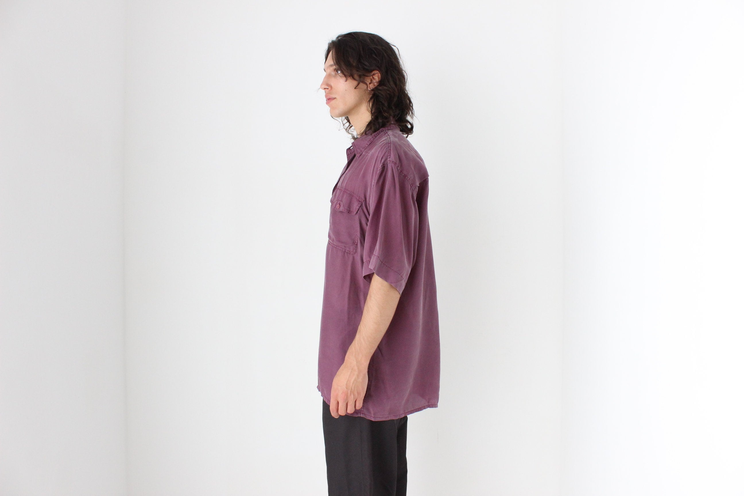 80s MATTE SILK Boxy Double Pocket Shirt in Purple