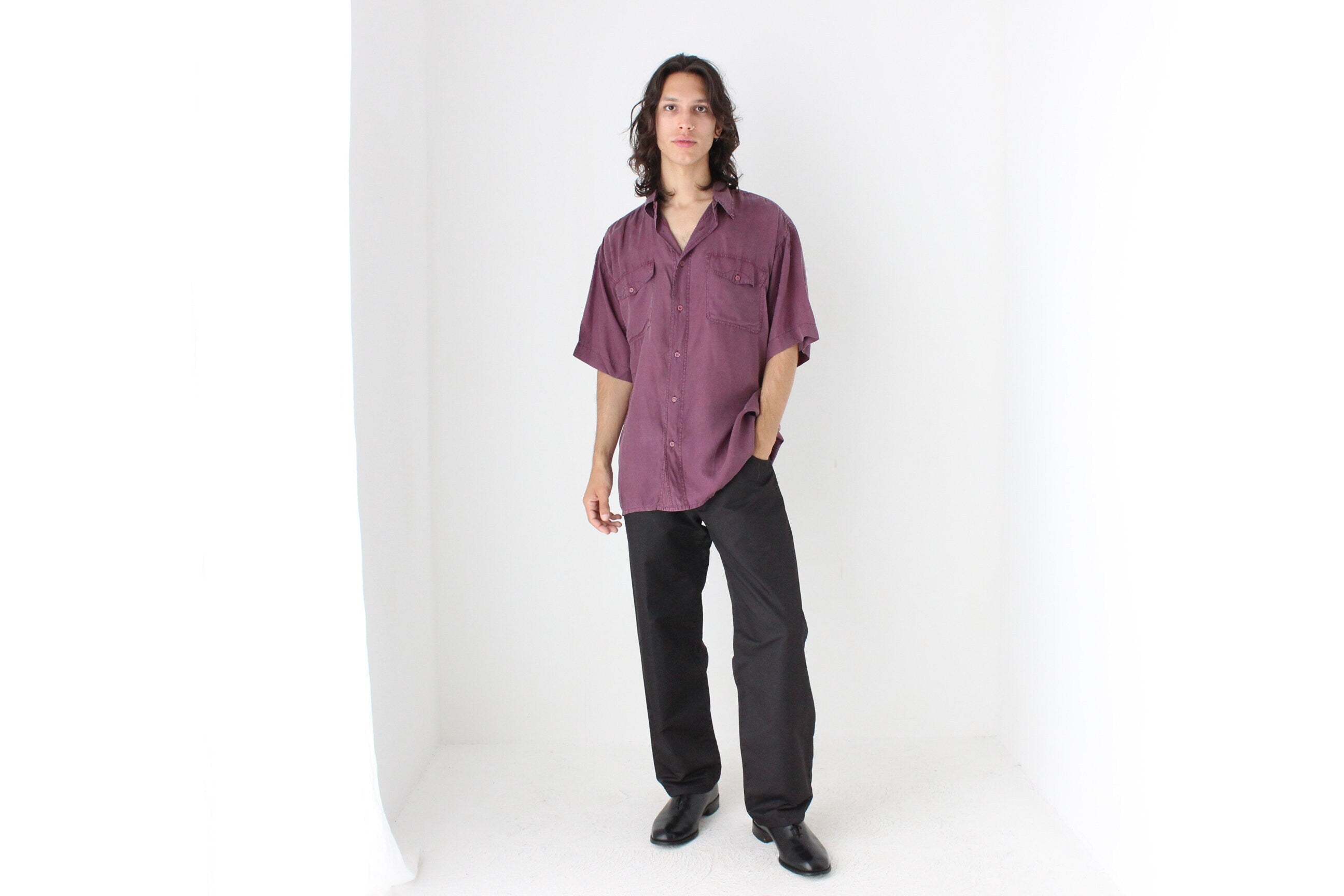 80s MATTE SILK Boxy Double Pocket Shirt in Purple