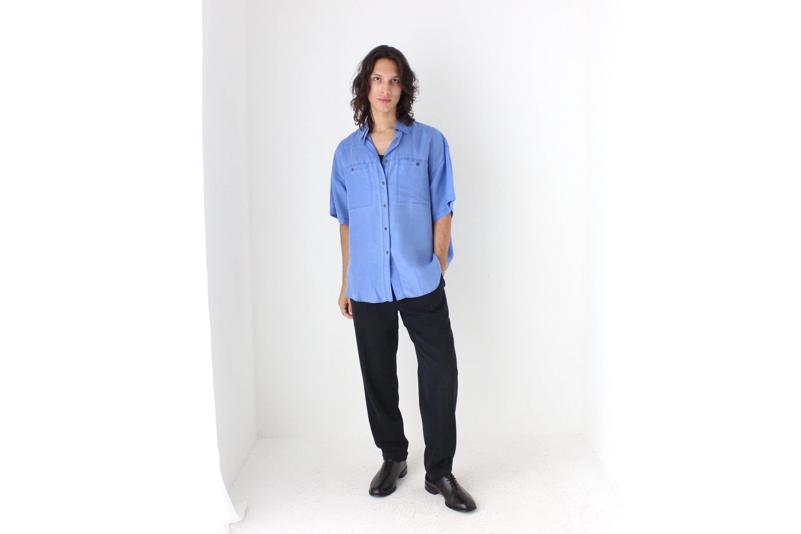 80s PURE SILK Acid Wash "Denim" Look Boxy Shirt