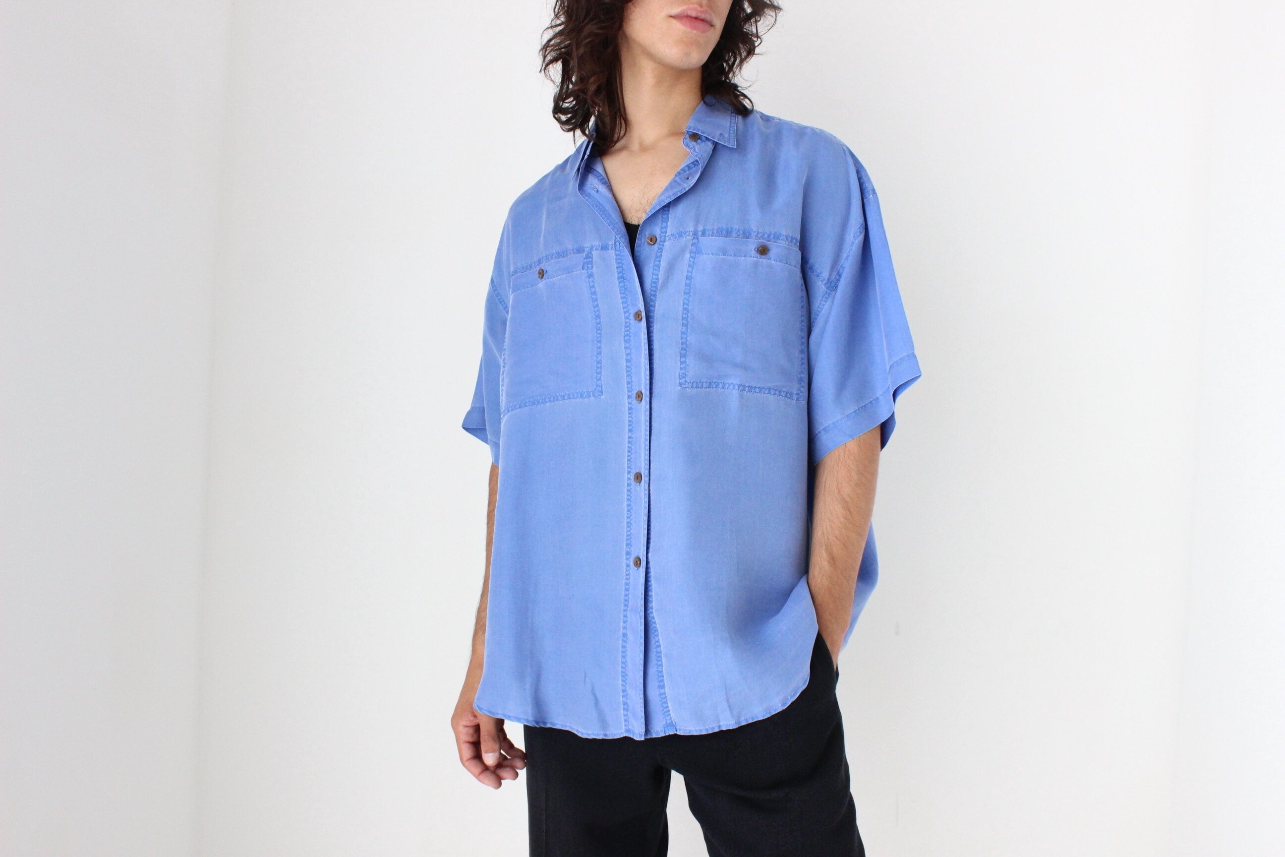 80s PURE SILK Acid Wash "Denim" Look Boxy Shirt