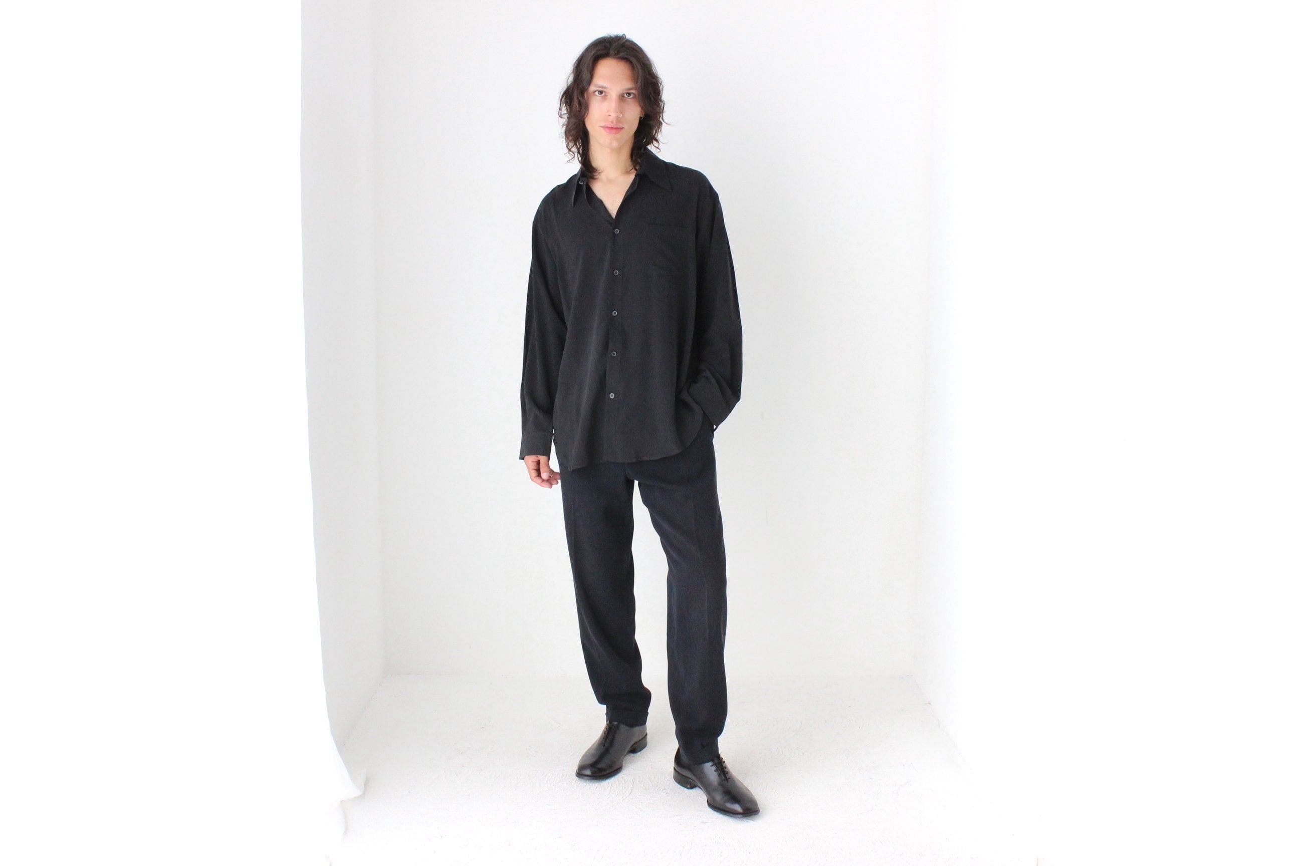 90s PURE FUJI SILK Relaxed Shirt in Ink Black